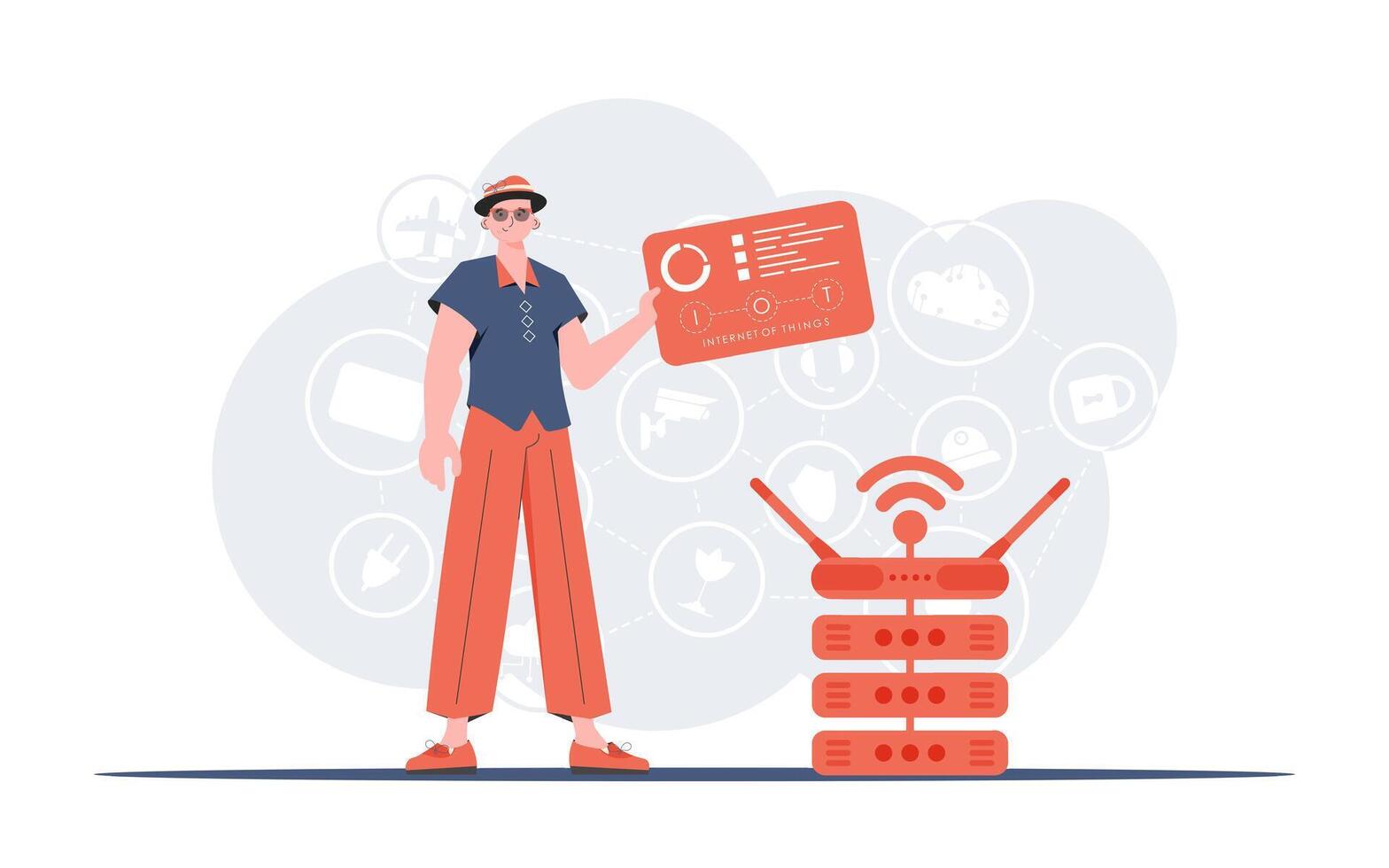 IoT concept. A man holds a panel with analyzers and indicators in his hands. Good for websites and presentations. illustration. vector