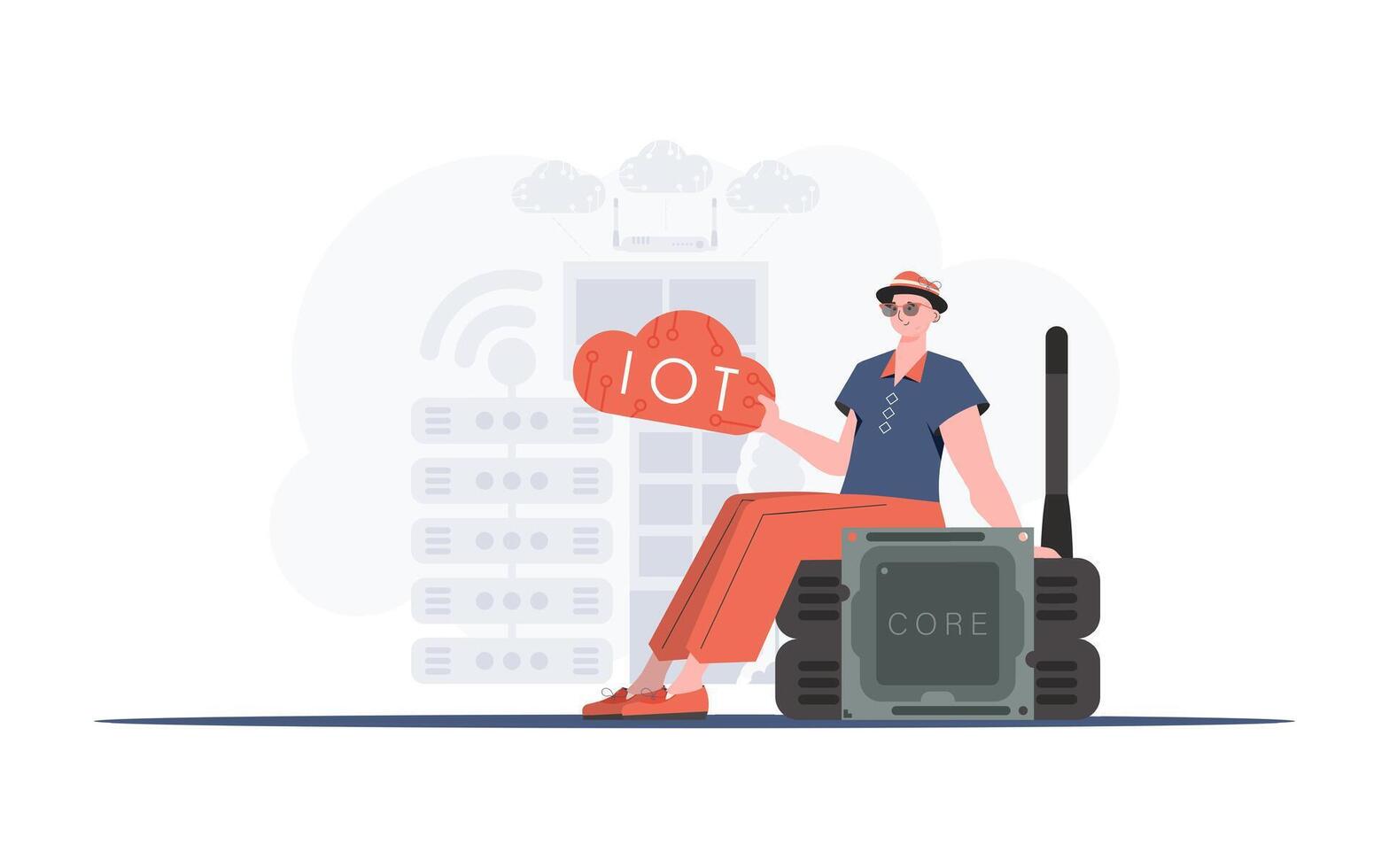 Internet of things concept. The guy sits on the router and holds the internet of things logo in his hands. Trendy flat style. . vector