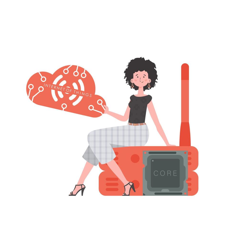 A woman sits on a router and holds the internet of things logo in her hands. Internet of things and automation concept. Isolated. Vector illustration in flat style.