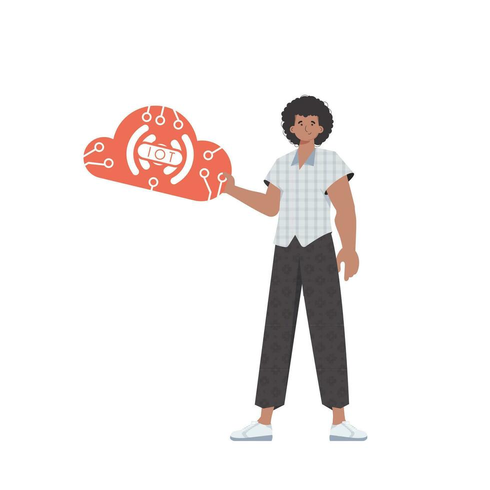 A man is holding an IoT icon in his hands. Internet of things and automation concept. Isolated. . vector