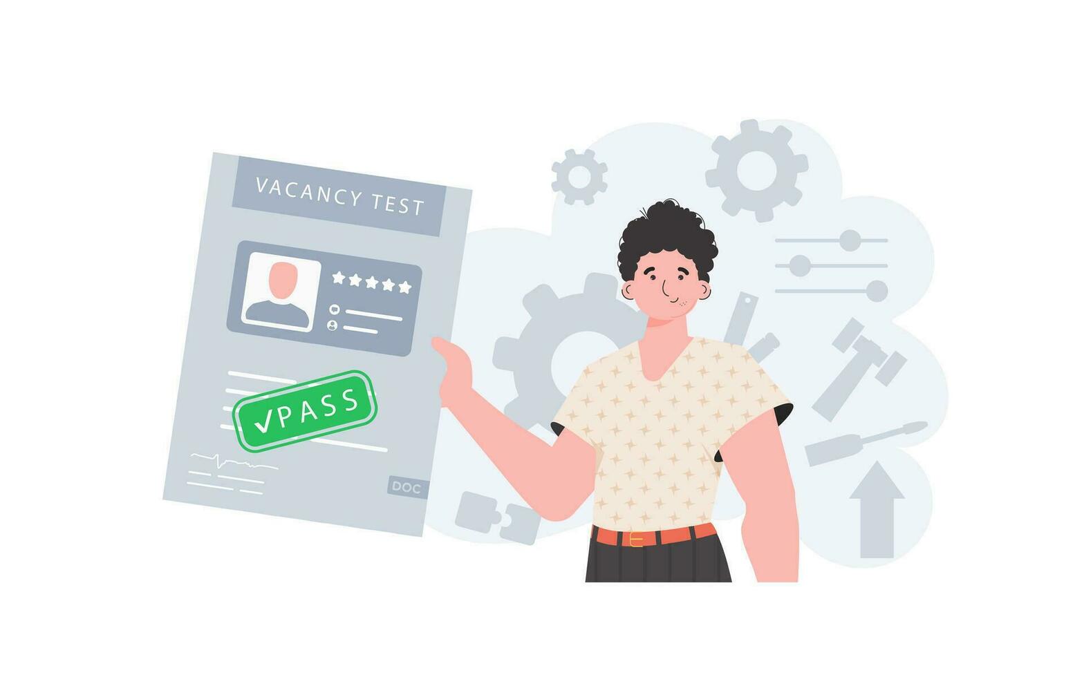 The concept of finding employees. The guy holds in his hands the passed test for a vacancy. Vector illustration in a flat style.