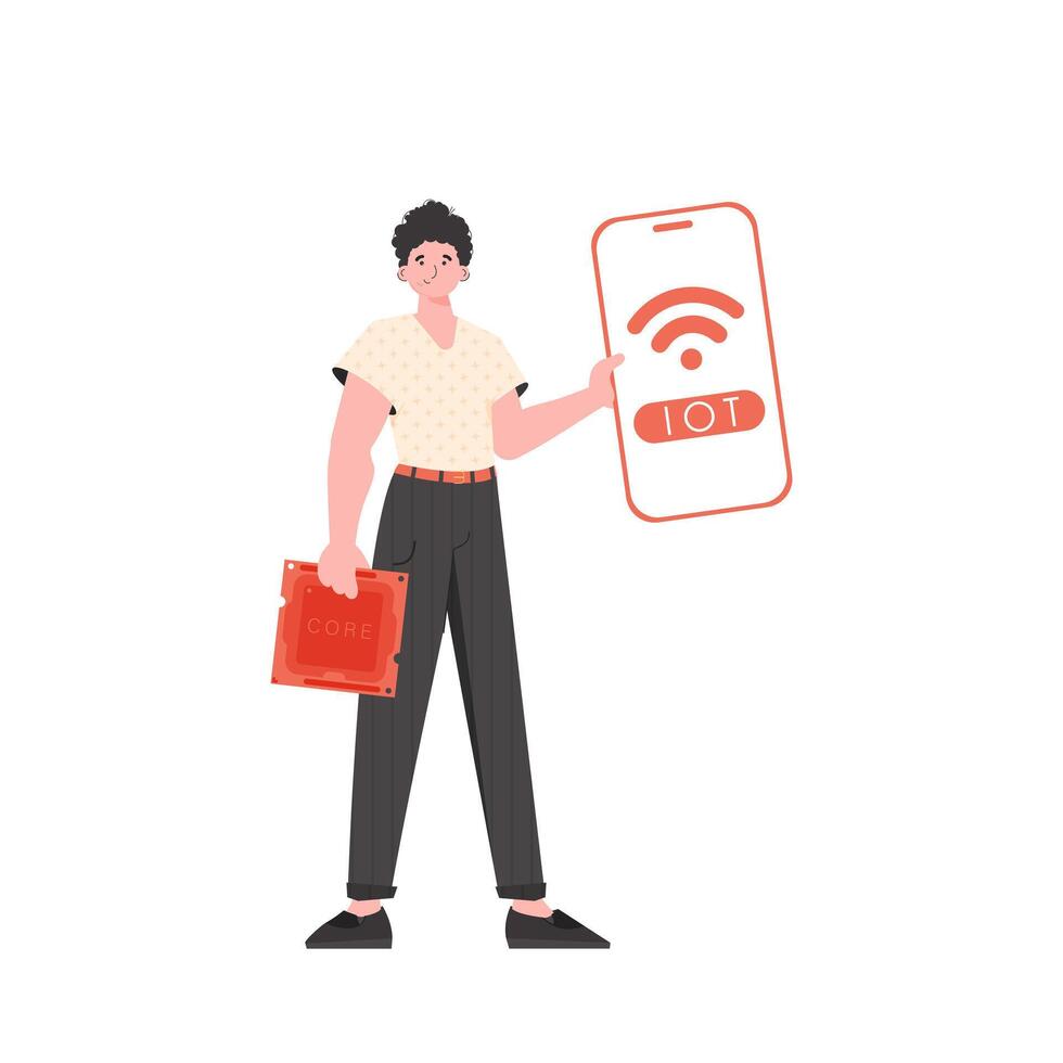 A man holds a phone with the IoT logo in his hands. IoT concept. Vector illustration in trendy flat style.