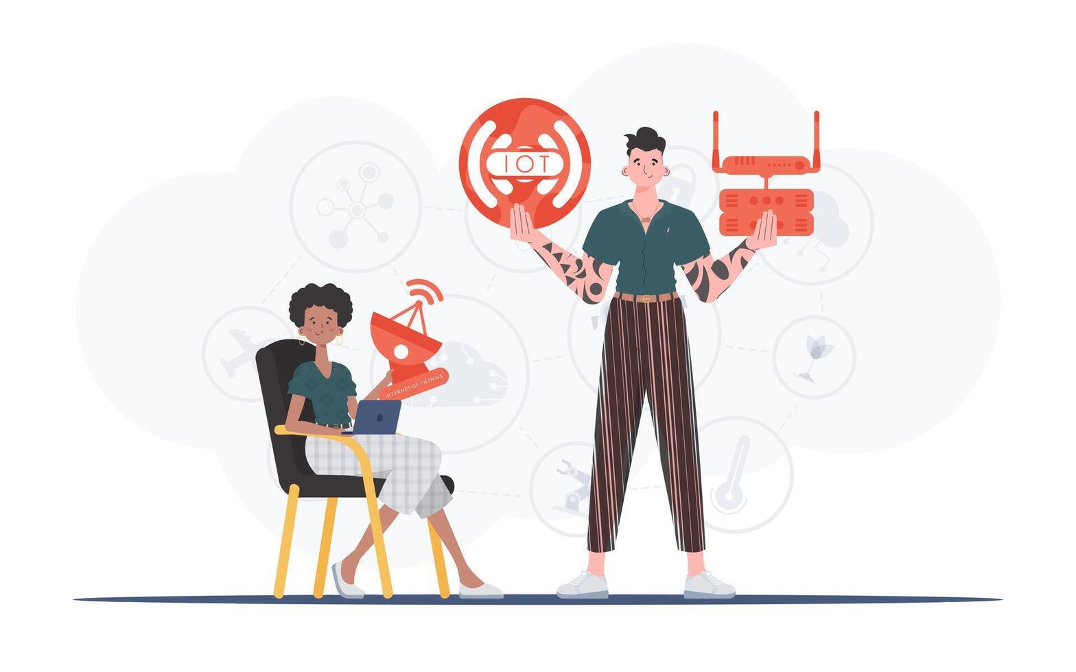 Internet of things and automation concept. The girl and the guy are a team in the field of Internet of things. Good for websites and presentations. Vector illustration in flat style.