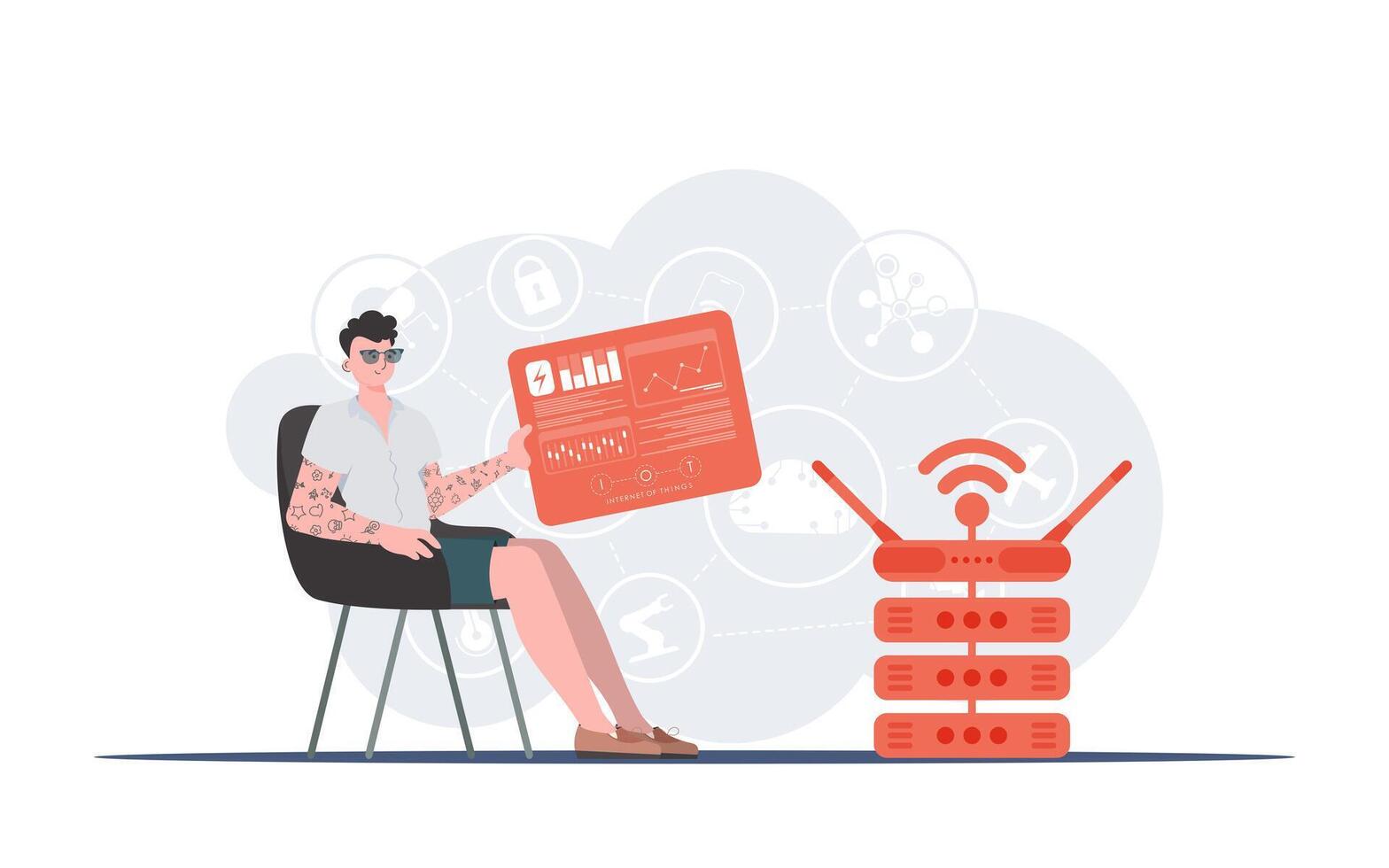 IoT concept. A man sits in a chair and holds a panel with analyzers and indicators in his hands. Good for websites and presentations. Vector illustration.