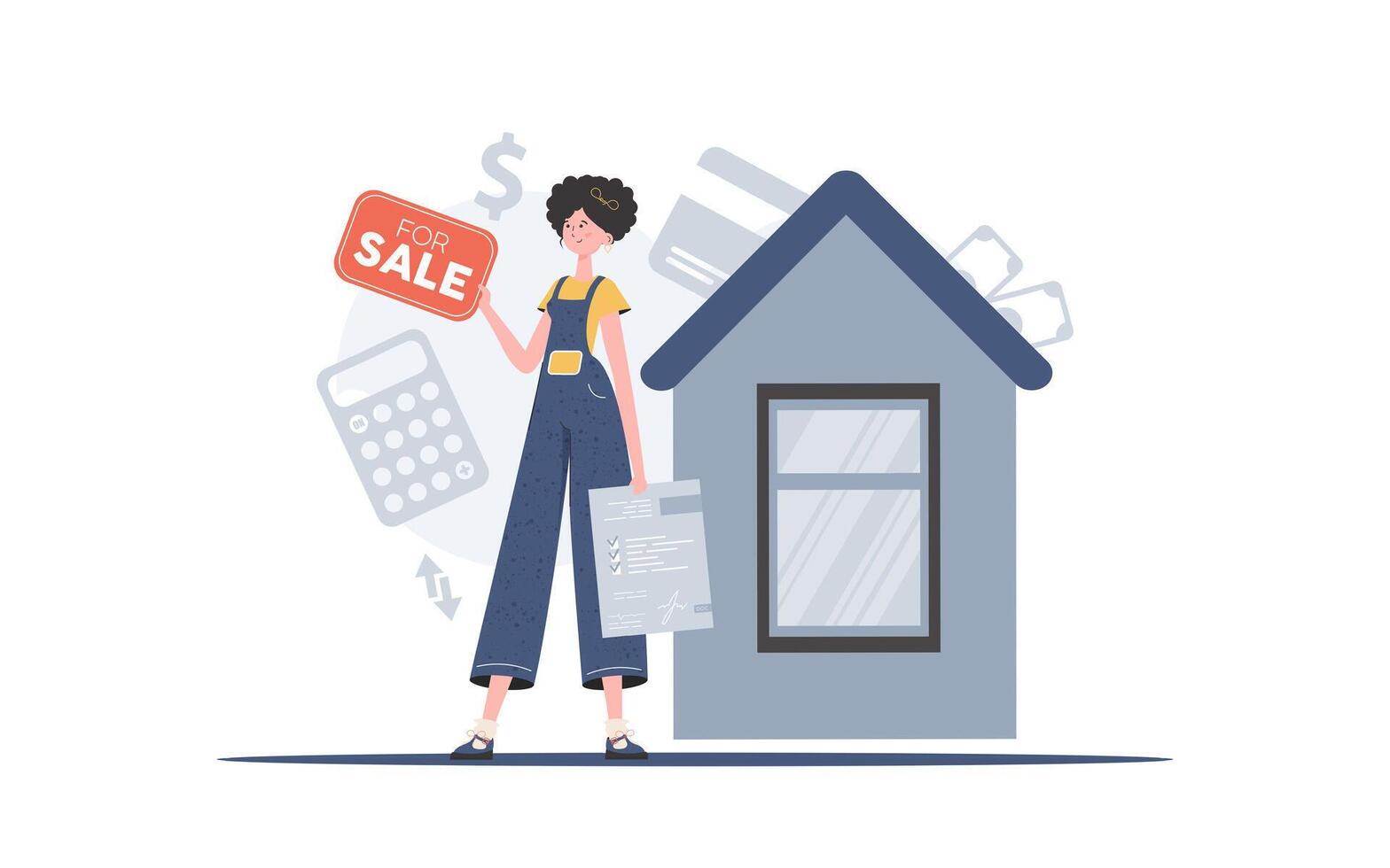 The girl is holding documents and a sign in her hands for sale. Real estate sale concept. trendy style. Vector illustration.