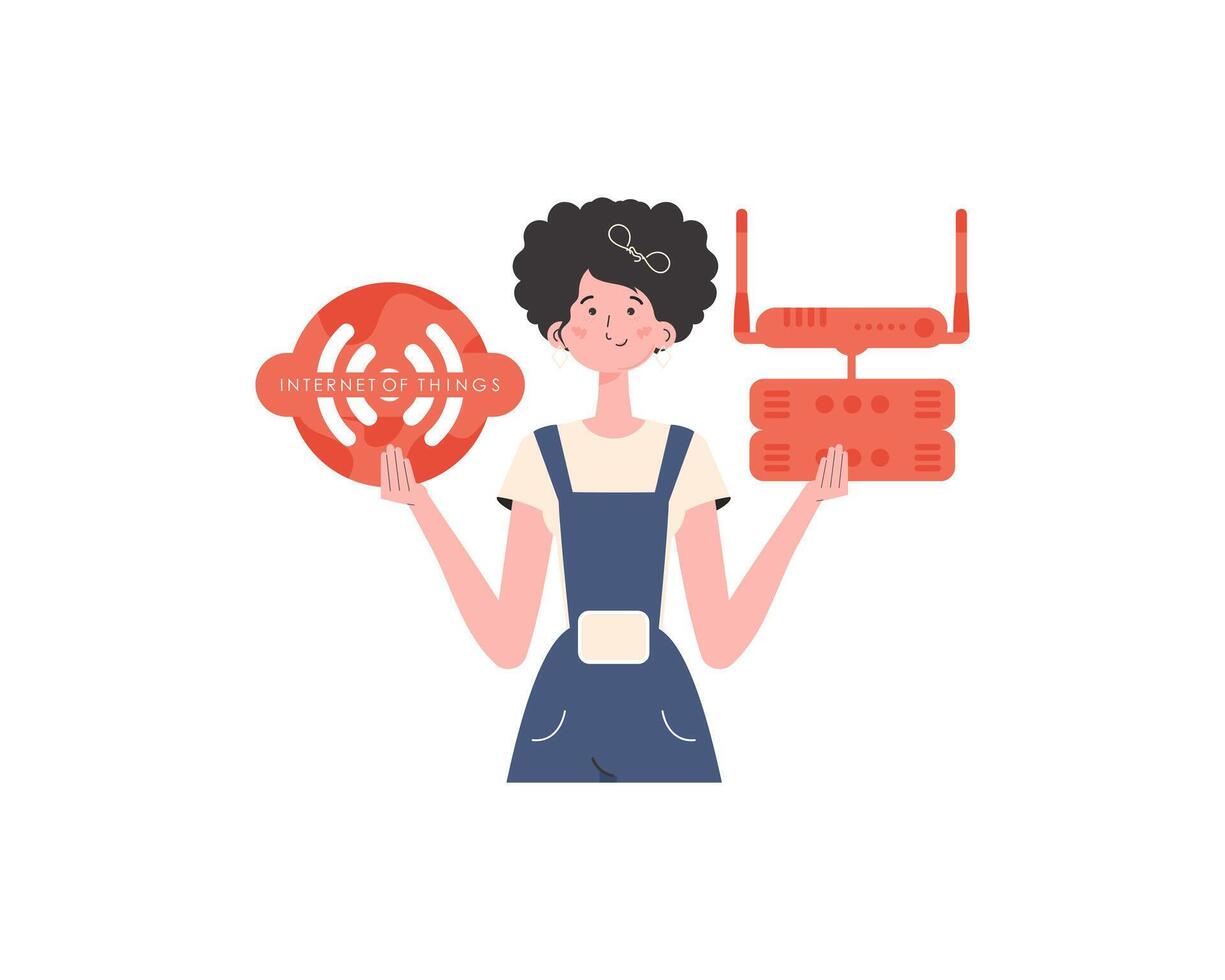 A woman holds the internet of things logo in her hands. Router and server. IoT concept. Isolated. illustration in flat style. vector