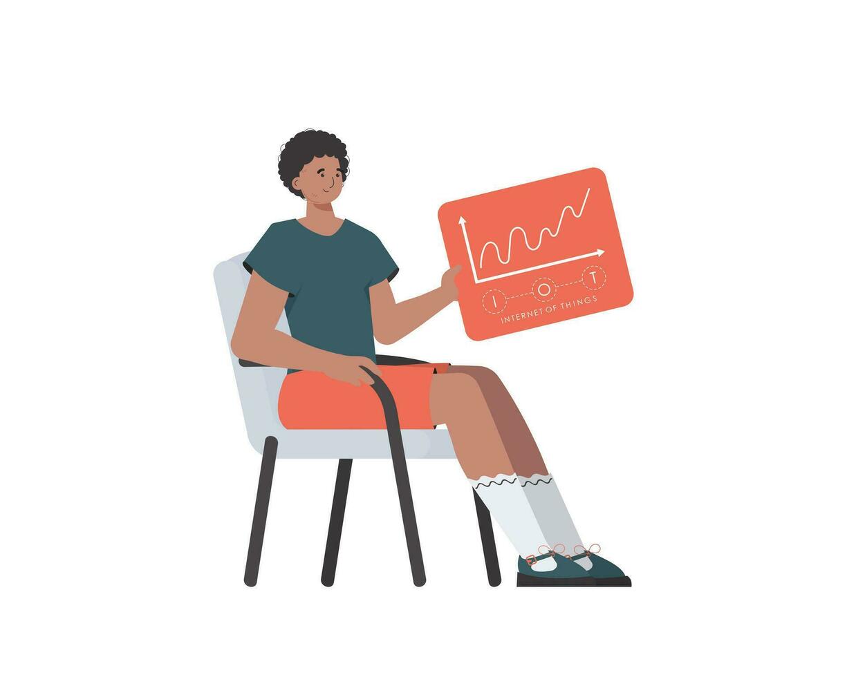 un hombre se sienta en un silla y sostiene un panel con analizadores y indicadores en su manos. Internet de cosas concepto. aislado. vector ilustración en de moda plano estilo.