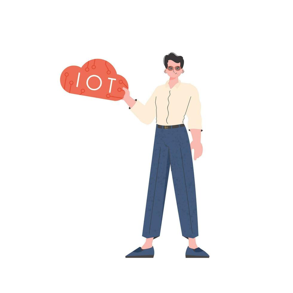 The guy holds the IoT logo in his hands. Internet of things concept. Isolated. Trendy flat style. Vector illustration.