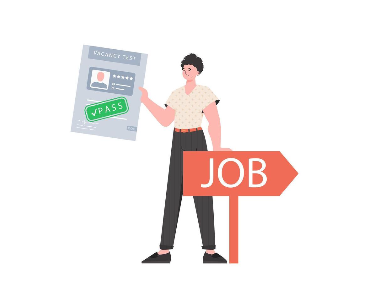 A man holds a passed test for a vacancy in his hands. Job search concept. Trend style, vector illustration.