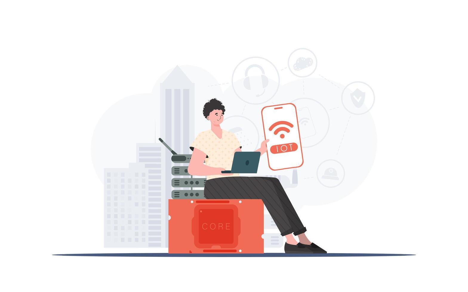 Internet of things concept. The guy is holding a phone with the IoT logo in his hands. Vector. vector