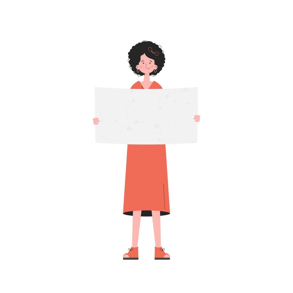 A woman stands in full growth with a blank banner in her hands. Isolated. Flat style. Element for presentations, sites. vector