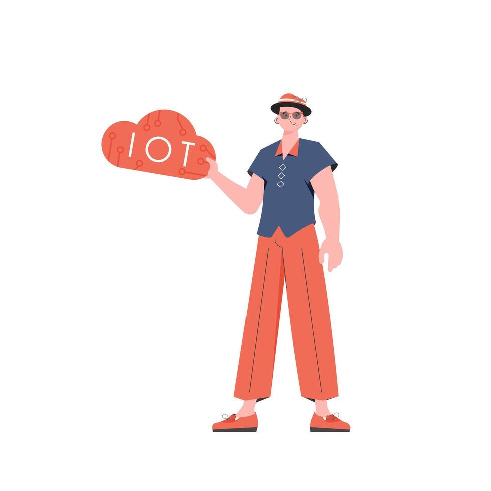 The guy holds the IoT logo in his hands. Internet of things concept. Isolated. . vector