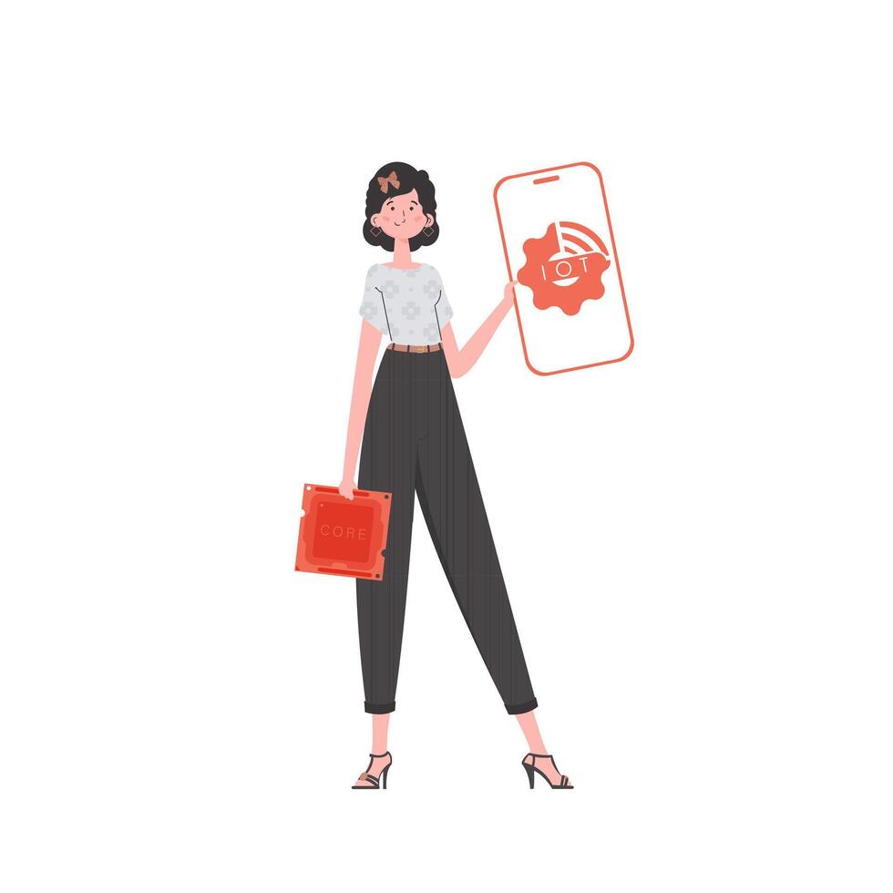 The girl is holding a phone with the IoT logo in her hands. Internet of things concept. Vector. vector