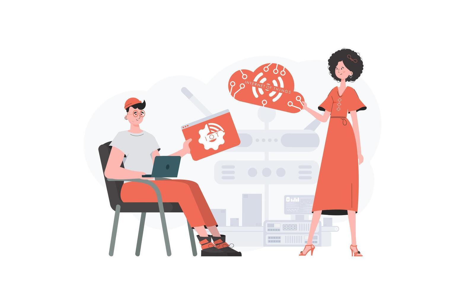 The girl and the guy are a team in the field of Internet of things. IoT concept. Good for websites and presentations. Vector illustration in trendy flat style.