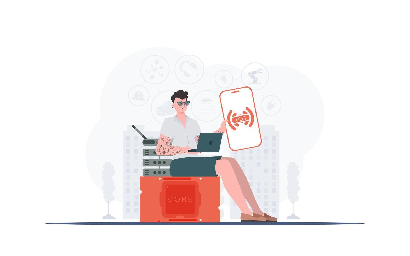 IOT and automation concept. The guy is holding a phone with the IoT logo in his hands. illustration in flat style. vector
