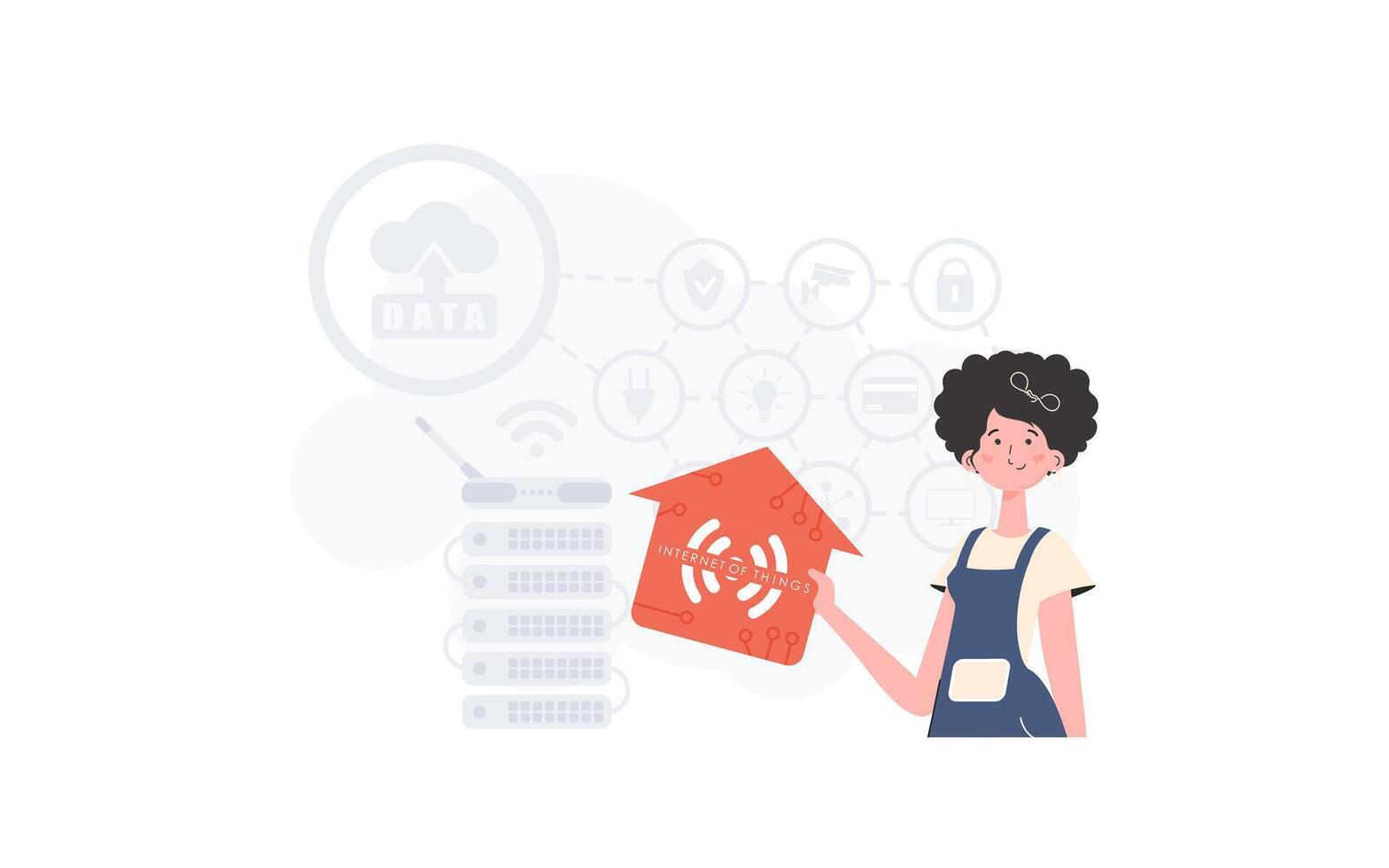 The woman is depicted waist-deep, holding an icon of a house in her hands. Internet of things concept. Good for presentations and websites. illustration in flat style. vector
