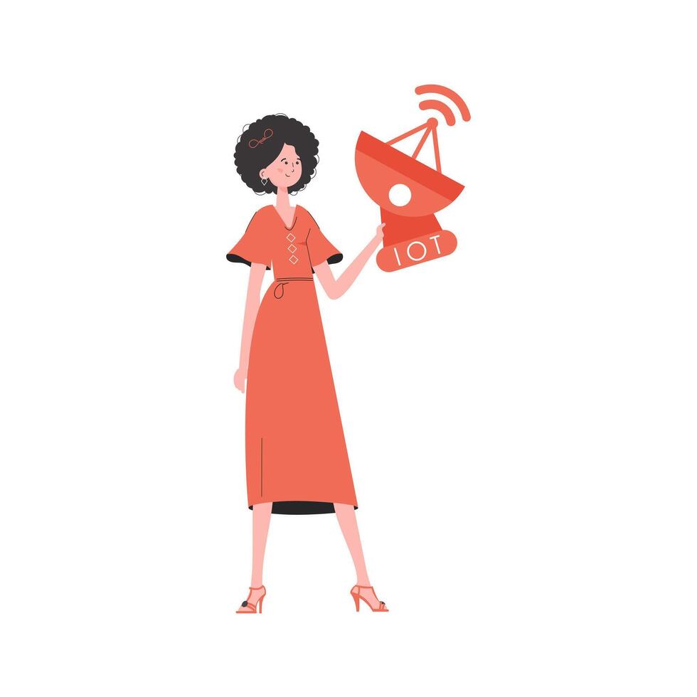 IOT and automation concept. A woman holds a satellite dish in her hands. Isolated. Trendy flat style. Vector illustration.