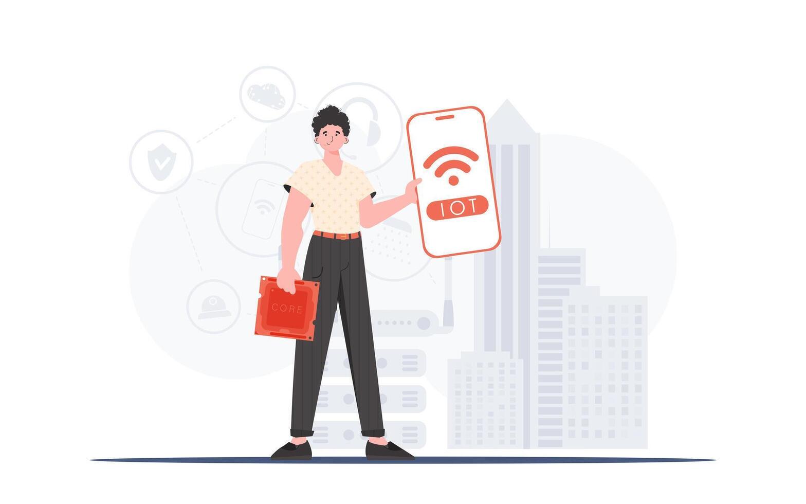 Internet of things concept. The guy is holding a phone with the IoT logo in his hands. Vector illustration in trendy flat style.