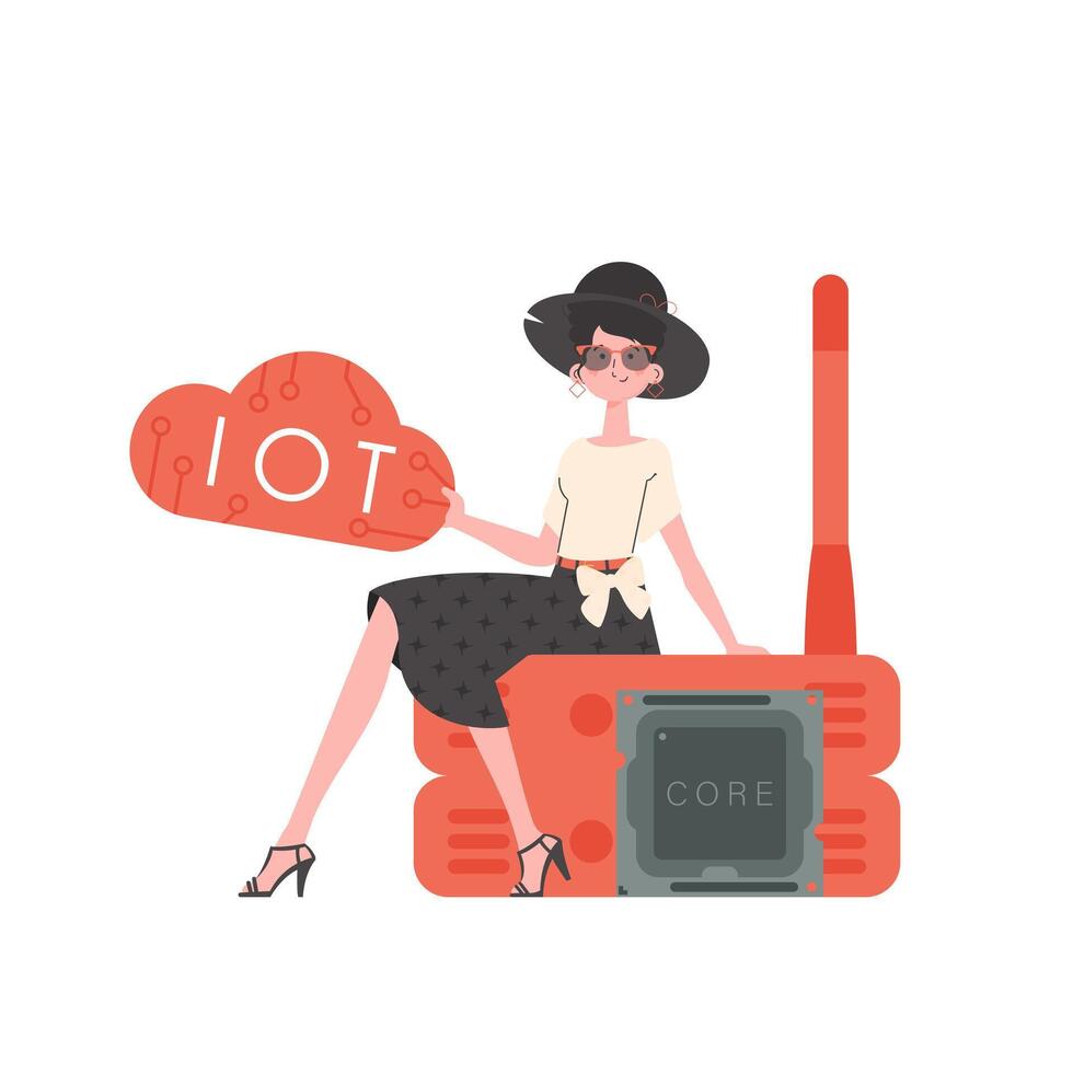 A woman sits on a router and holds the internet of things logo in her hands. IoT concept. Isolated. Vector illustration in trendy flat style.
