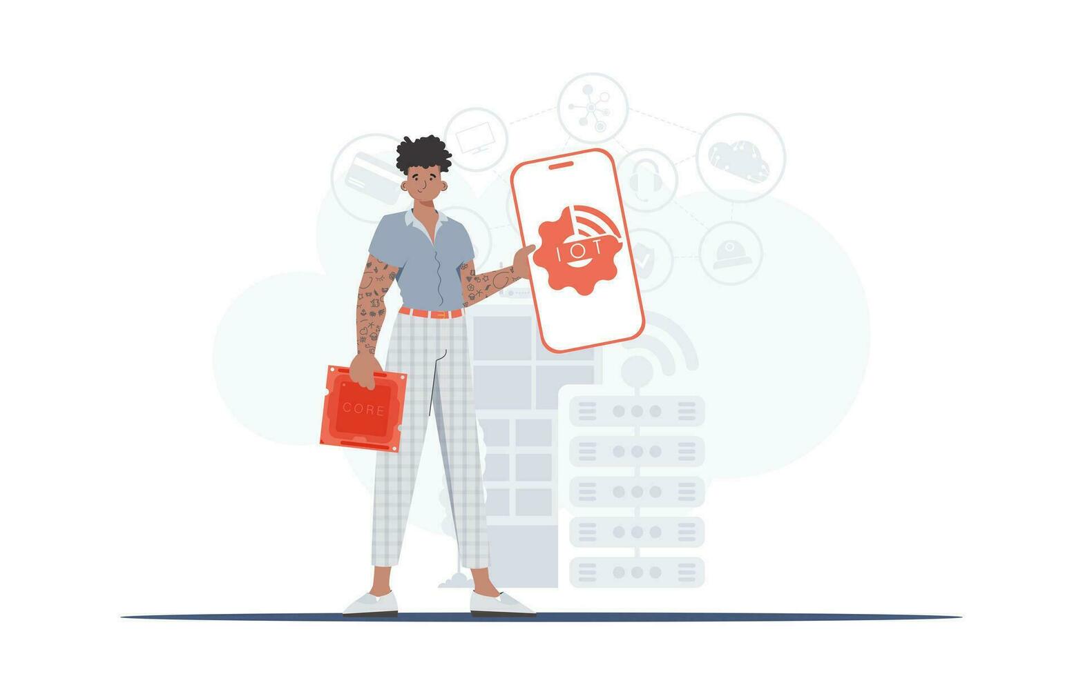 iot concepto. un hombre sostiene un teléfono con el iot logo en su manos. vector ilustración en plano estilo.