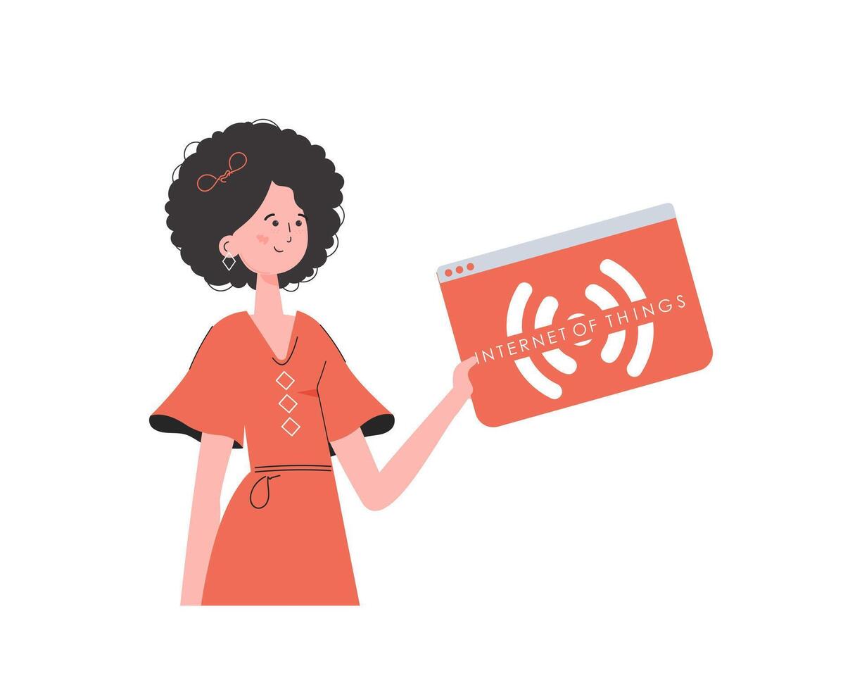 The girl holds the IoT logo in her hands. IoT concept. Isolated. Trendy flat style. illustration. vector