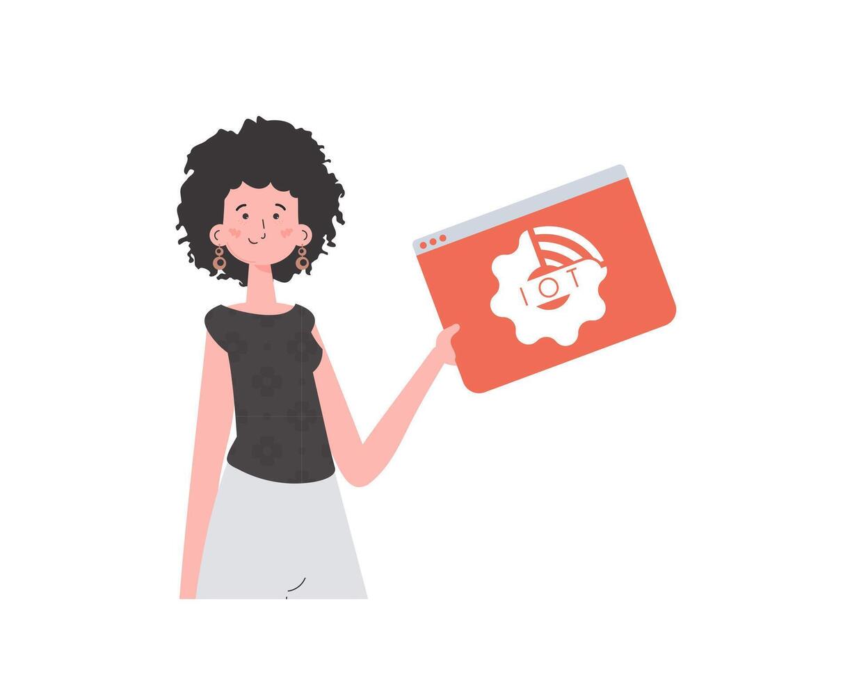 The girl holds the IoT logo in her hands. IoT concept. Isolated. Vector illustration in flat style.