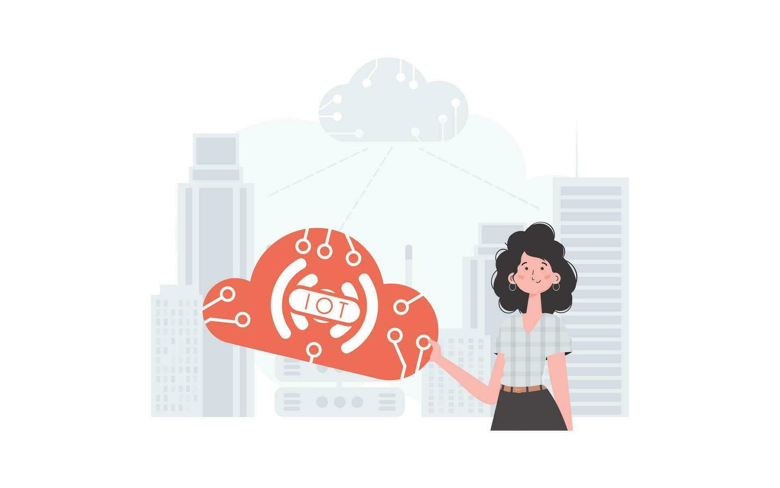A woman is holding an internet thing icon in her hands. Internet of things and automation concept. Good for websites and presentations. Vector illustration in flat style.