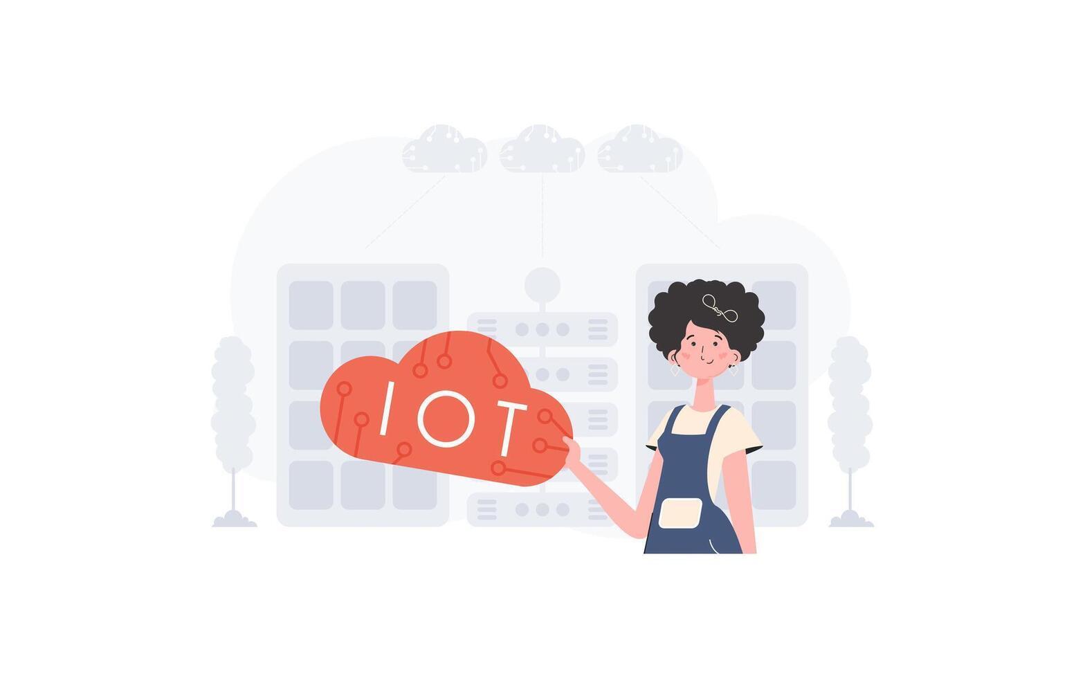 A woman is holding an internet thing icon in her hands. Internet of things and automation concept. Good for presentations and websites. illustration. vector