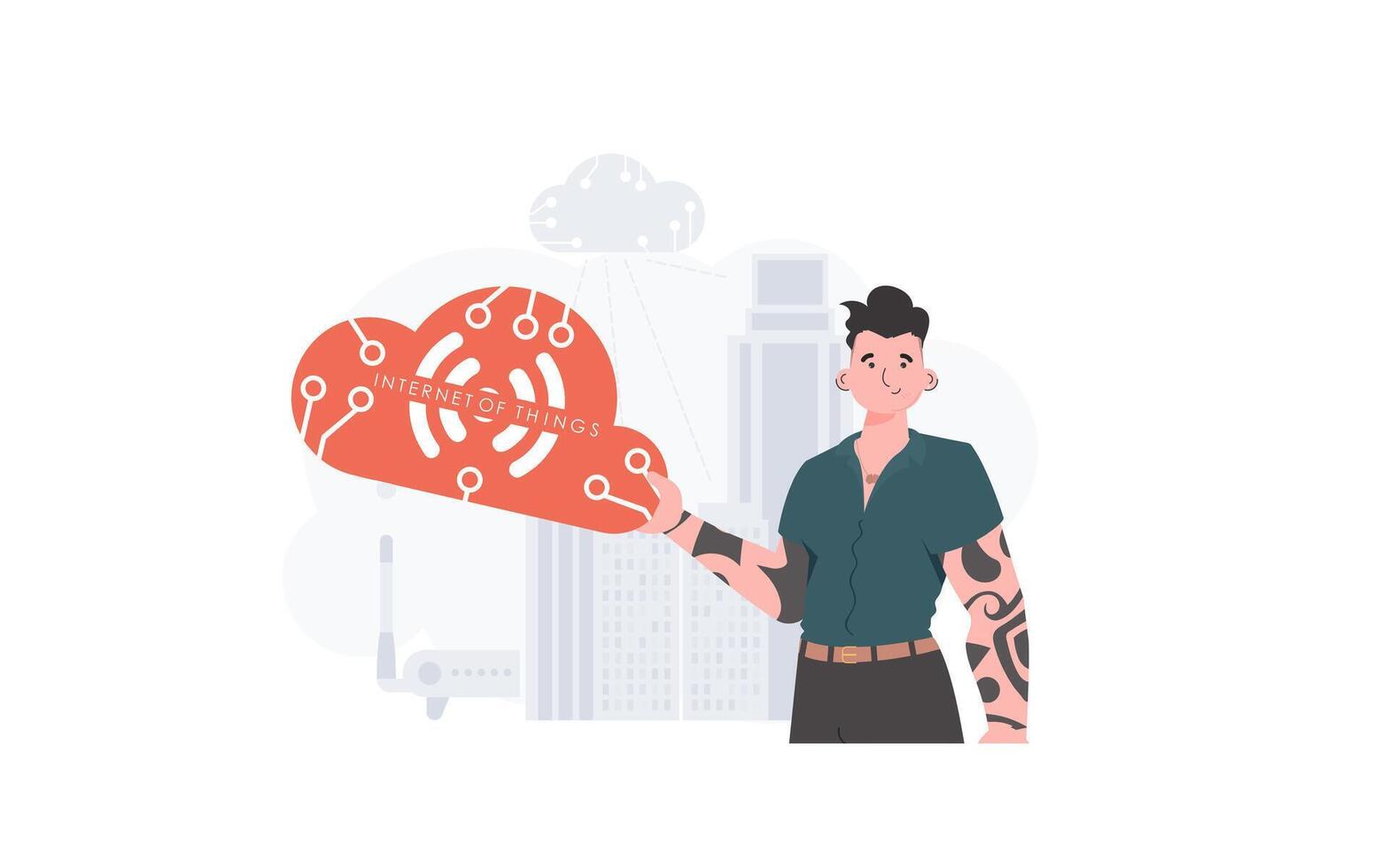 The guy is holding an internet thing icon in his hands. Internet of things and automation concept. Good for websites and presentations. illustration. vector