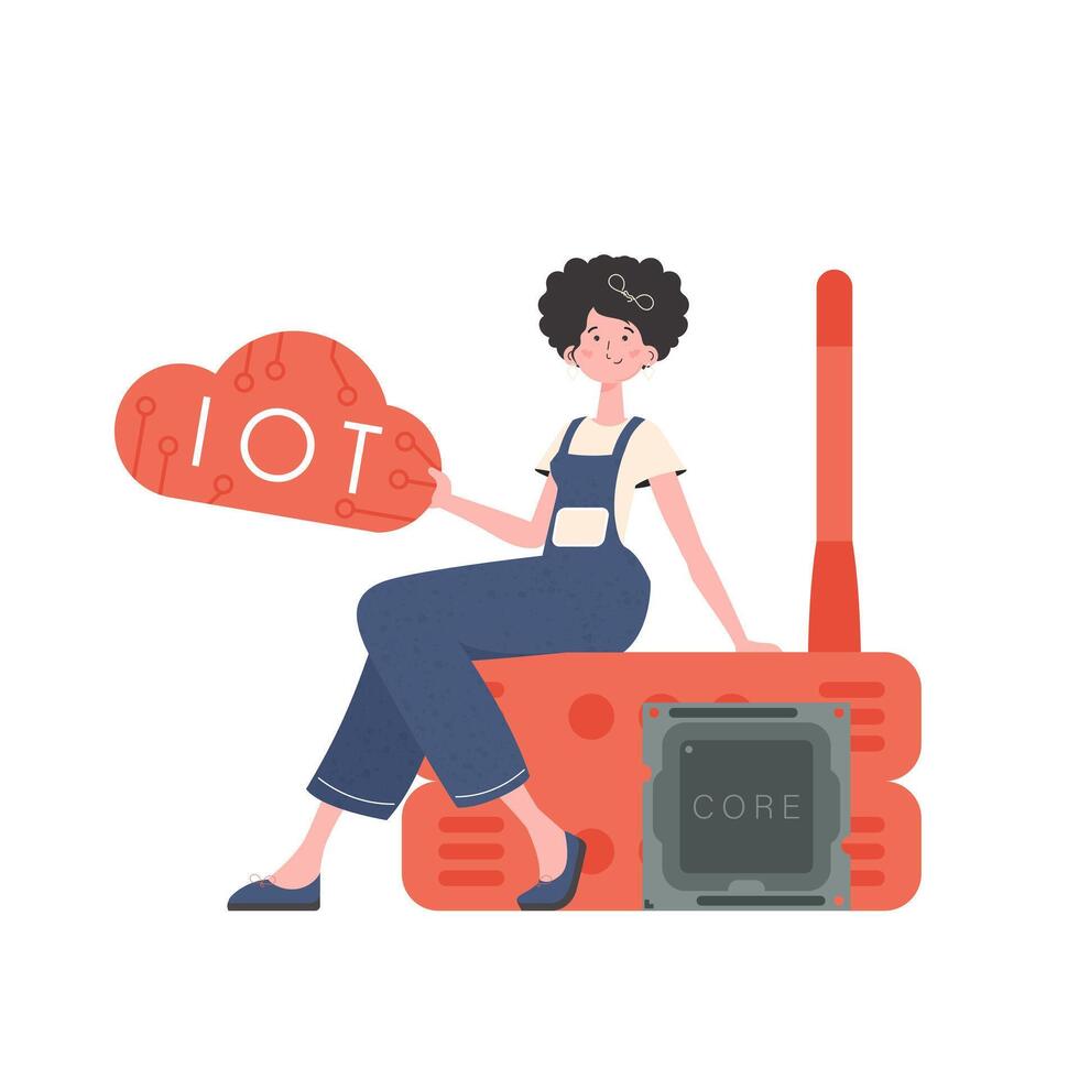 A woman sits on a router and holds the internet of things logo in her hands. Internet of things concept. Isolated. Trendy flat style. . vector