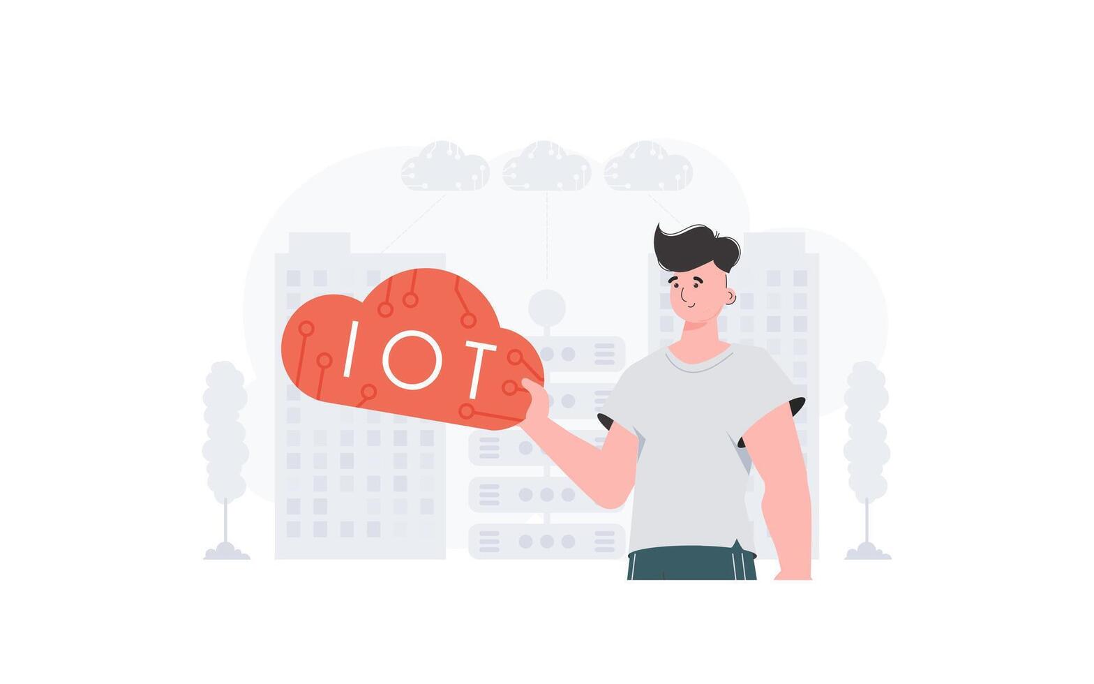 The guy is holding an internet thing icon in his hands. Internet of things and automation concept. Good for presentations and websites. Trendy flat style. . vector