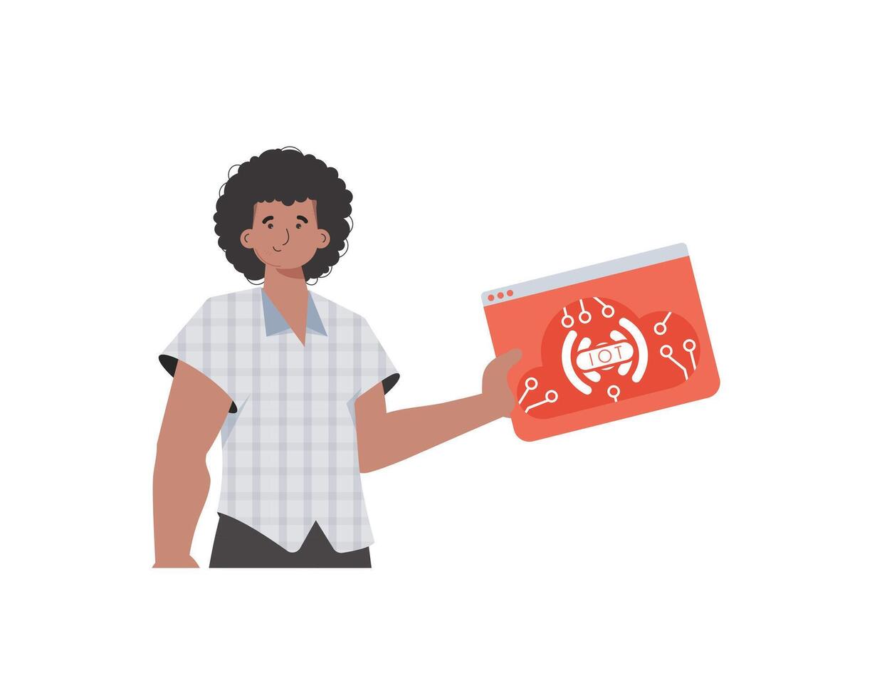 The guy holds the IoT logo in his hands. IoT concept. Isolated. illustration in flat style. vector
