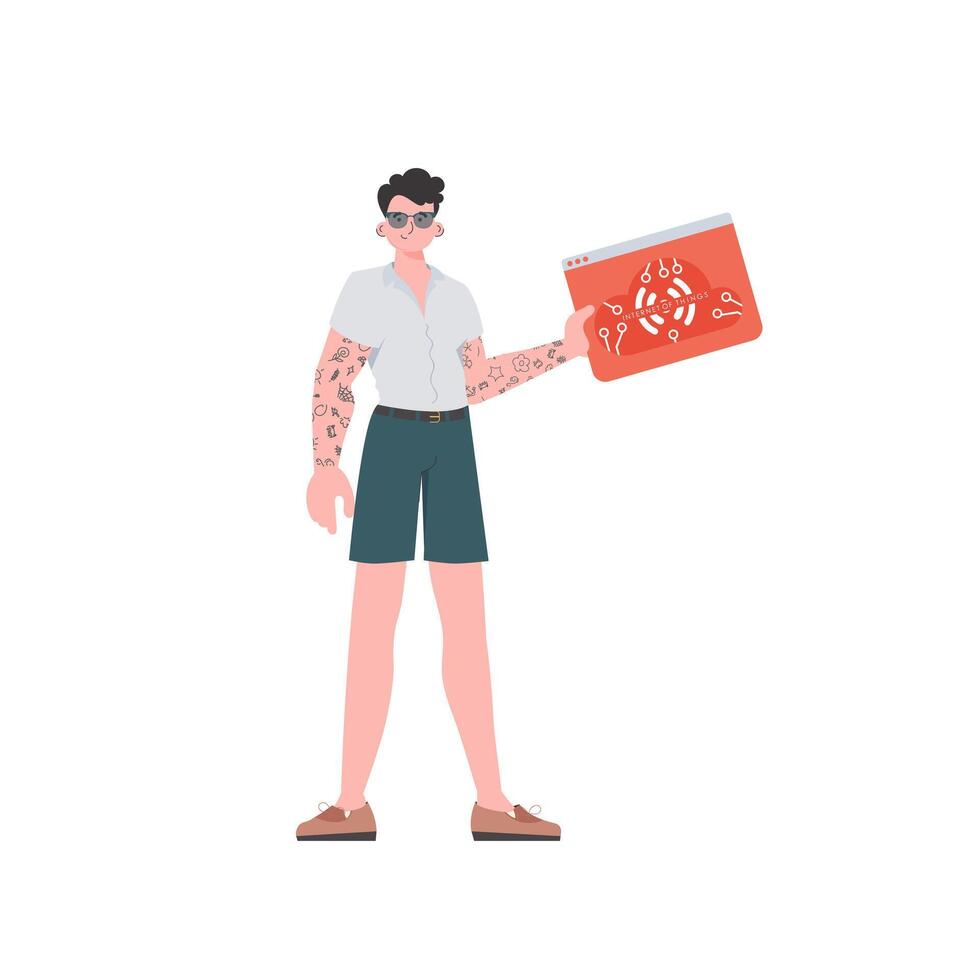 A man holds an IoT logo in his hands. Internet of things and automation concept. Isolated. illustration in flat style. vector