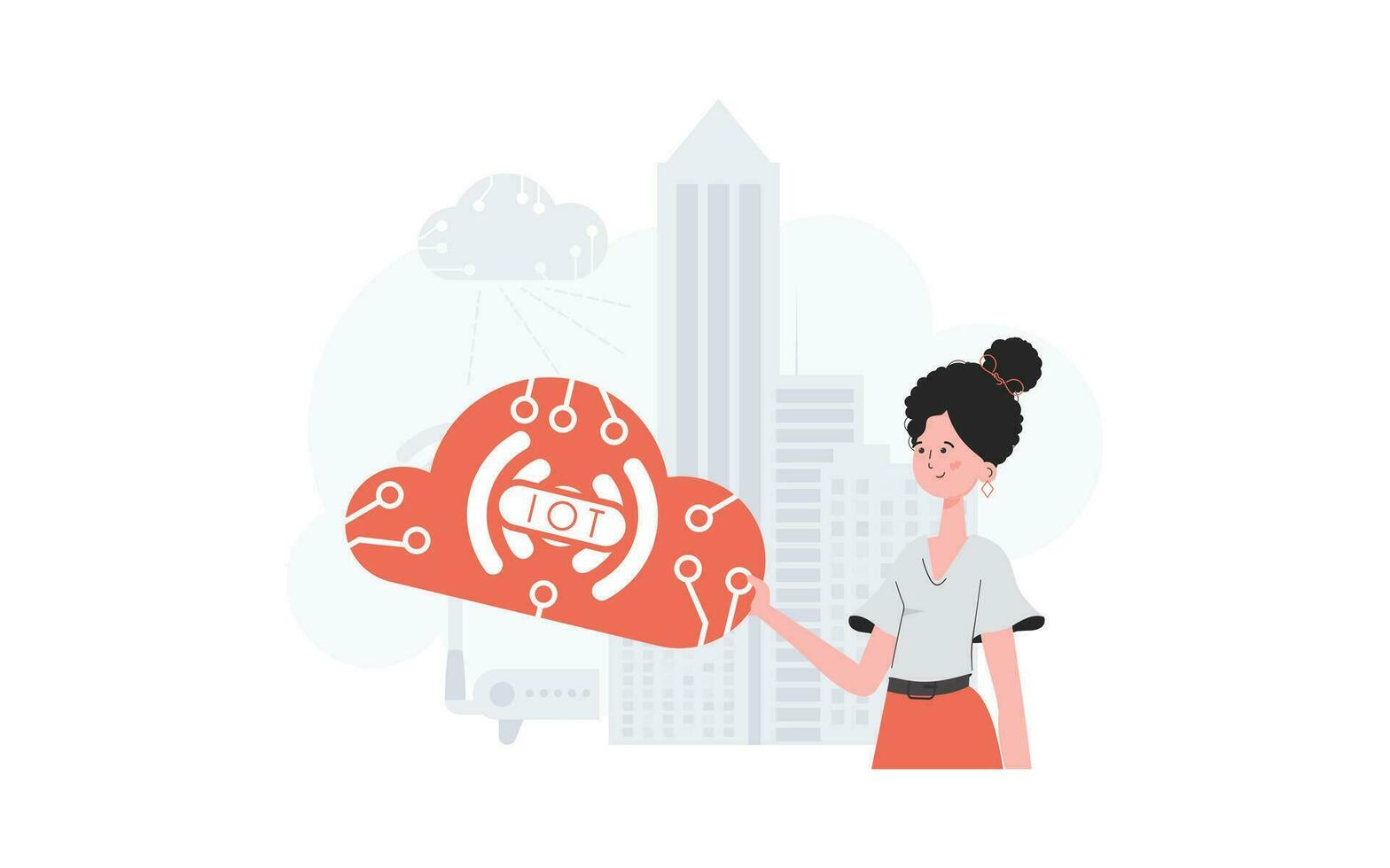 un mujer es participación un Internet cosa icono en su manos. Internet de cosas y automatización concepto. bueno para sitios web y presentaciones de moda plano estilo. vector. vector