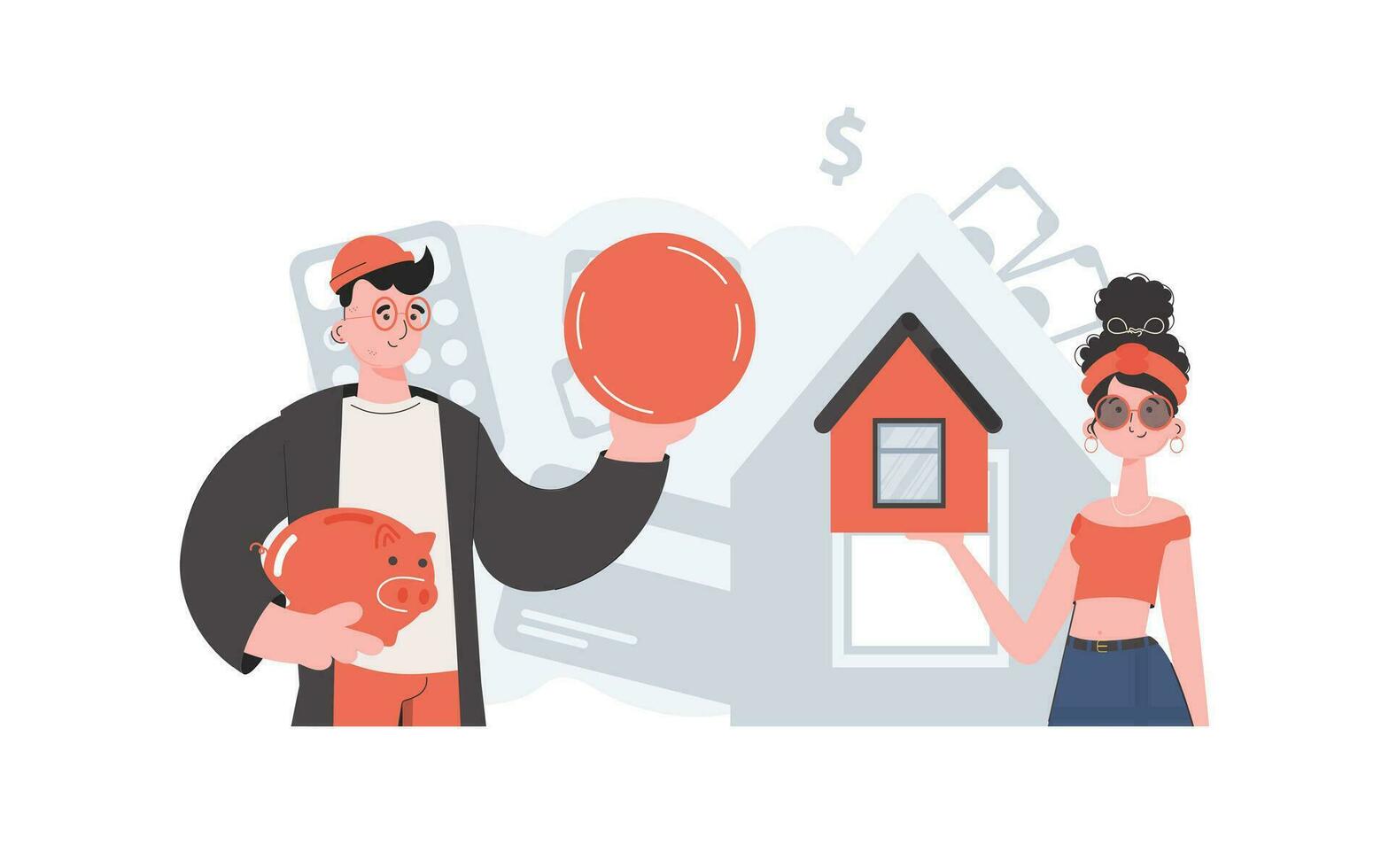 The family buys a house. The concept of buying a house. People are depicted to the waist. Trend vector illustration.