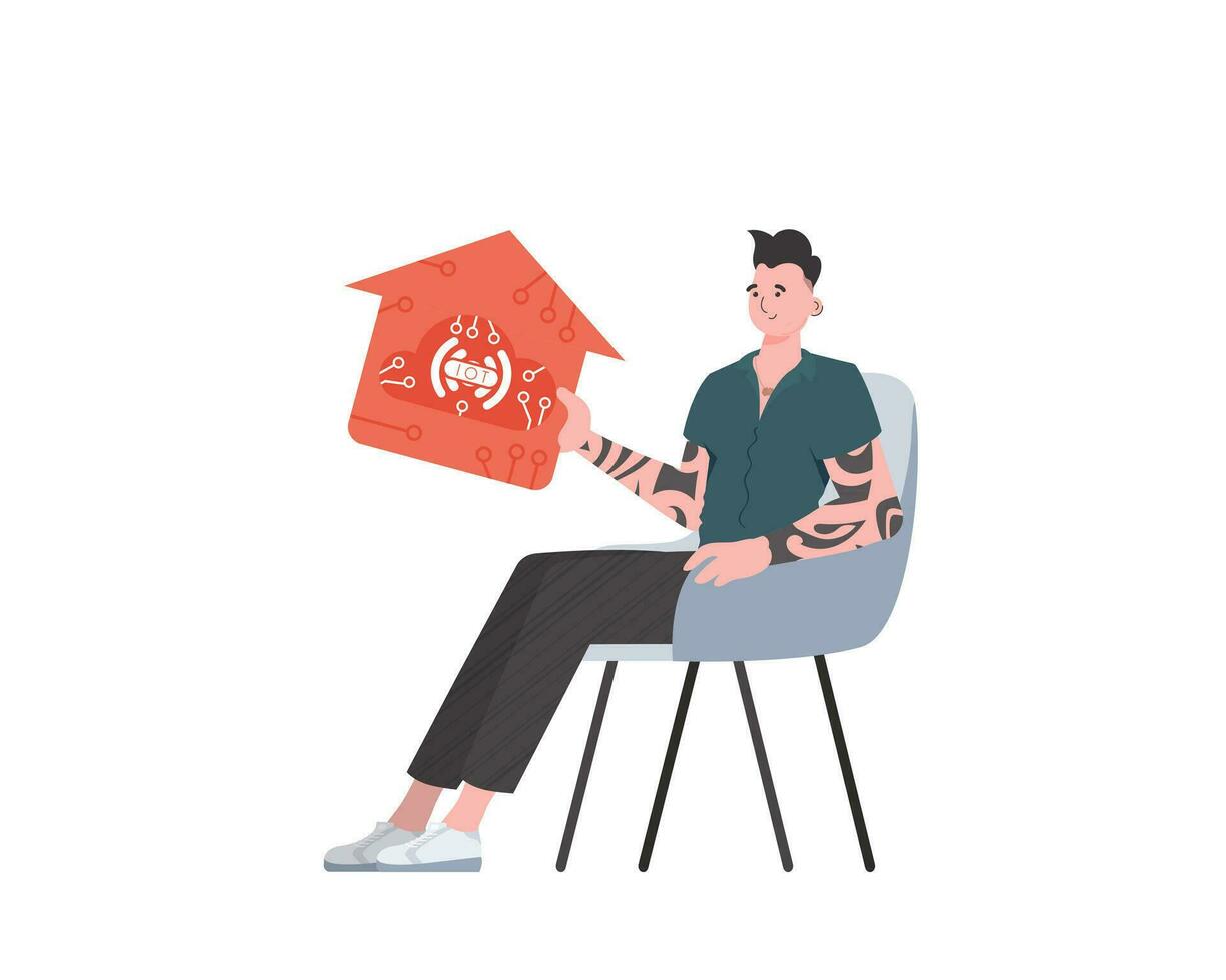 A man sits in a chair and holds a house icon in his hands. Internet of things concept. Isolated on white background. Vector illustration in trendy flat style.