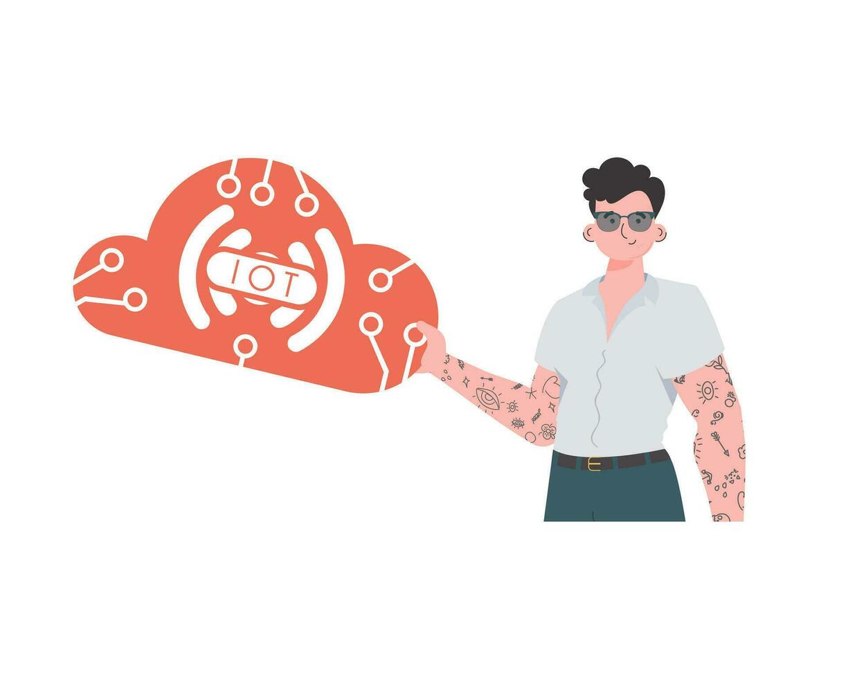A man is holding an IoT icon in his hands. Internet of things concept. Isolated. Vector. vector