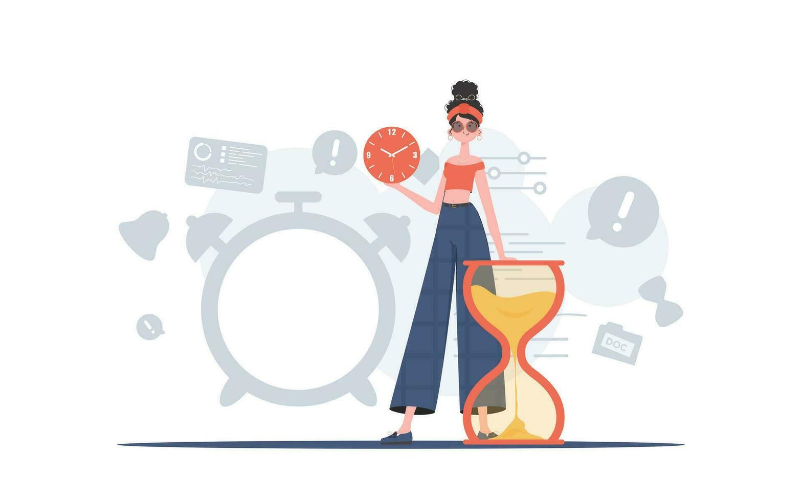 A woman stands in full growth and holds a watch in her hands. Time management. Element for presentation. vector