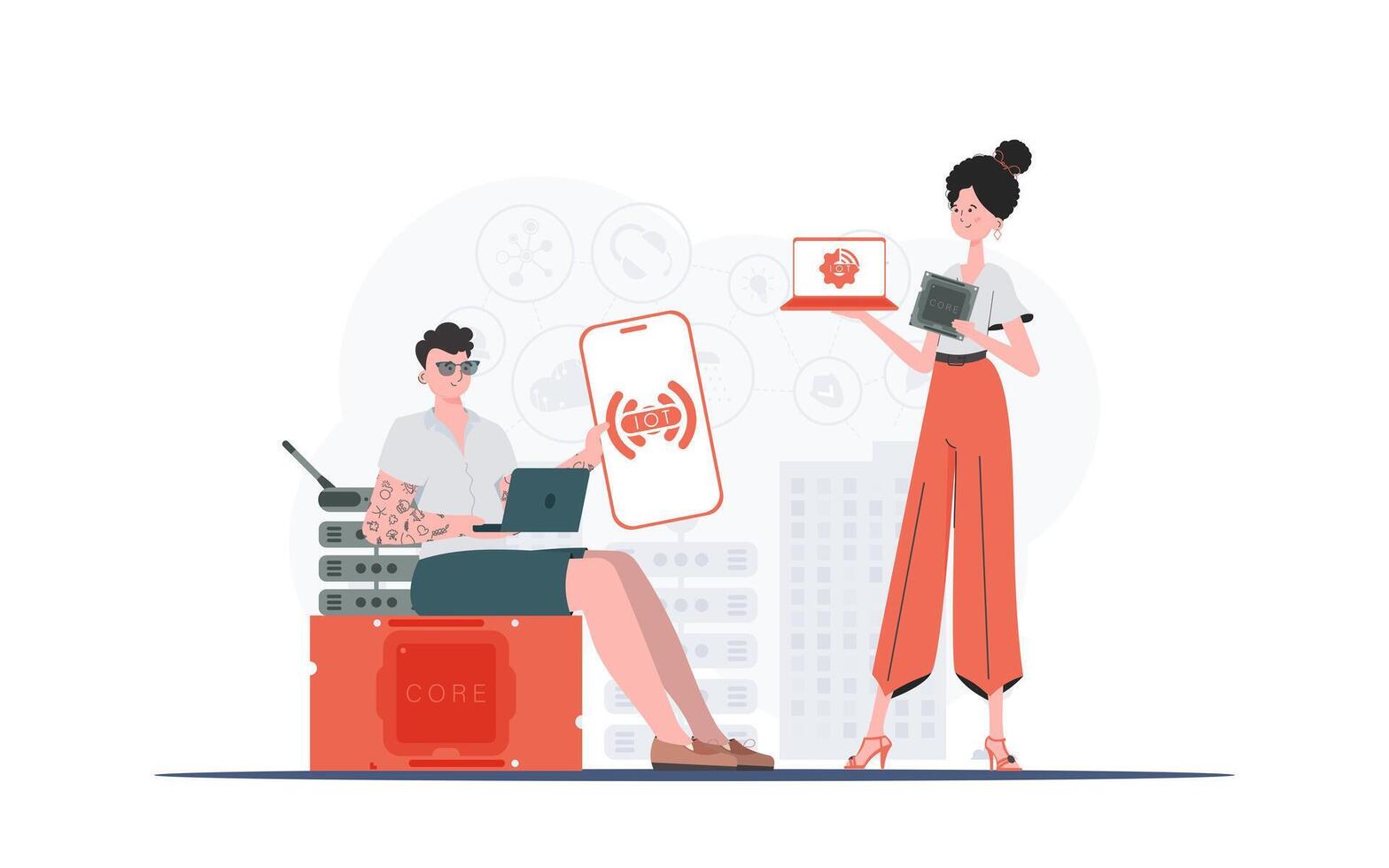 IoT concept. The girl and the guy are a team in the field of Internet of things. Good for websites and presentations. illustration in trendy flat style. vector