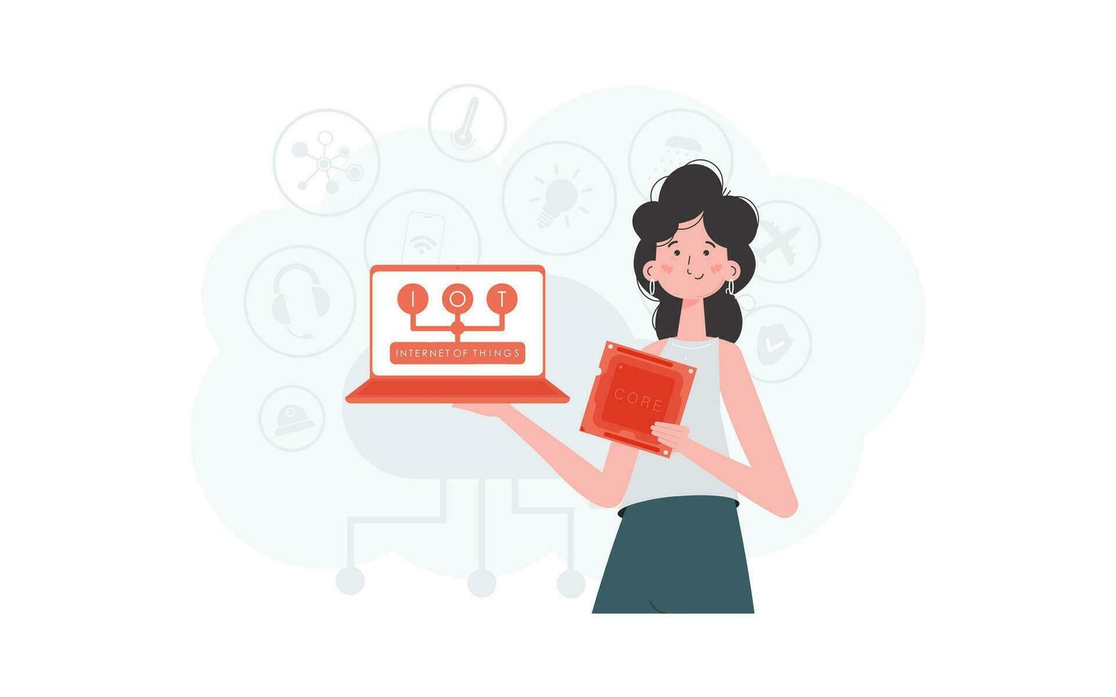 The girl is holding a laptop and a processor chip in her hands. IoT concept. Vector illustration in flat style.