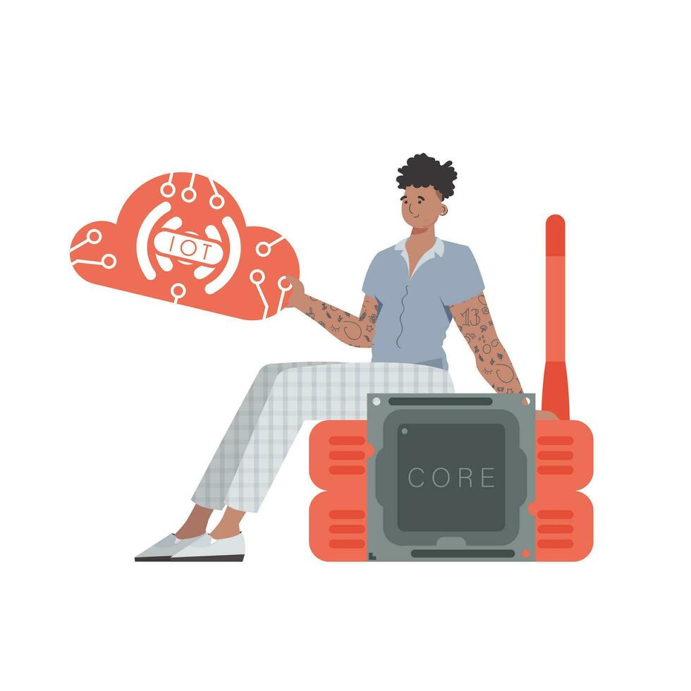 The guy sits on the router and holds the internet of things logo in his hands. IoT concept. Isolated. Vector illustration in flat style.