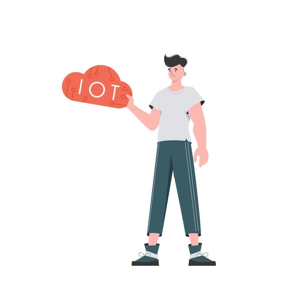 The guy holds the IoT logo in his hands. Internet of things concept. Isolated. Vector illustration in flat style.