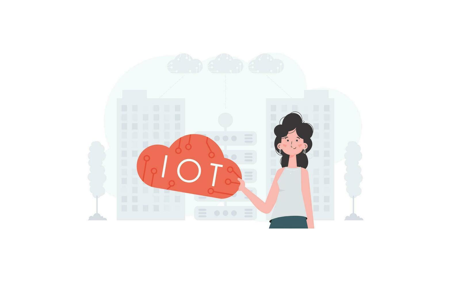 A woman is holding an internet thing icon in her hands. Internet of things and automation concept. Good for presentations and websites. Trendy flat style. Vector. vector