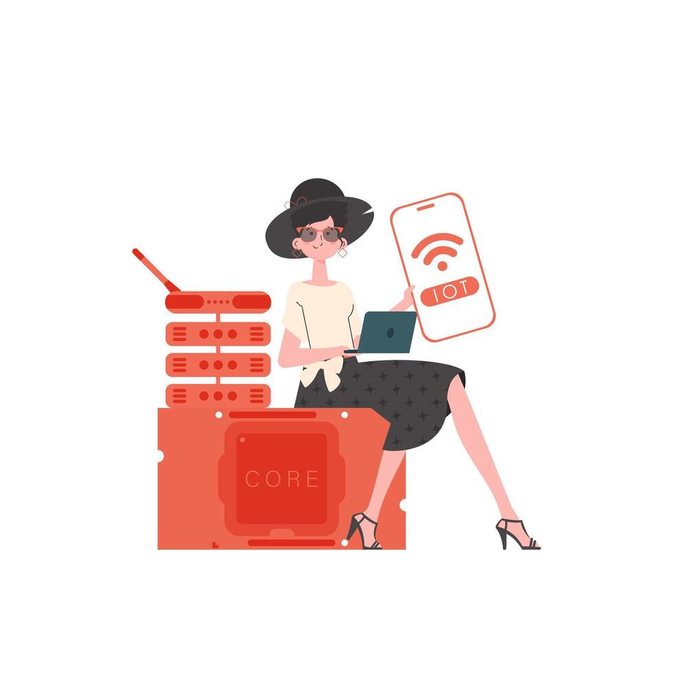 A woman holds a phone with the IoT logo in her hands. IoT concept. Vector. vector
