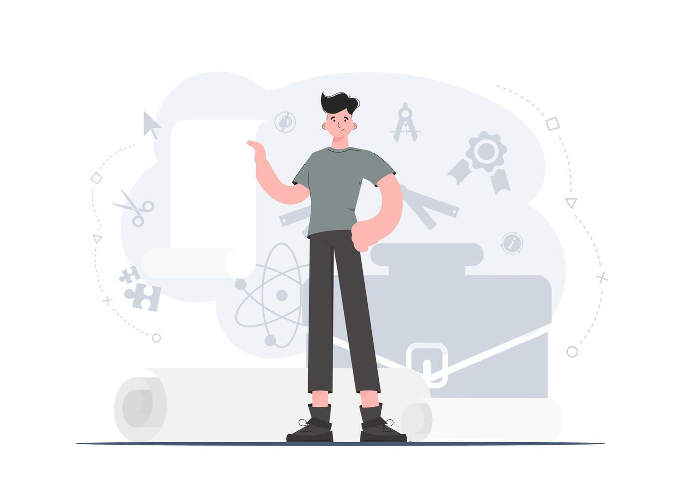 A man stands in full growth shows an empty sheet. Place for advertising. Flat style. Element for presentations, sites. vector