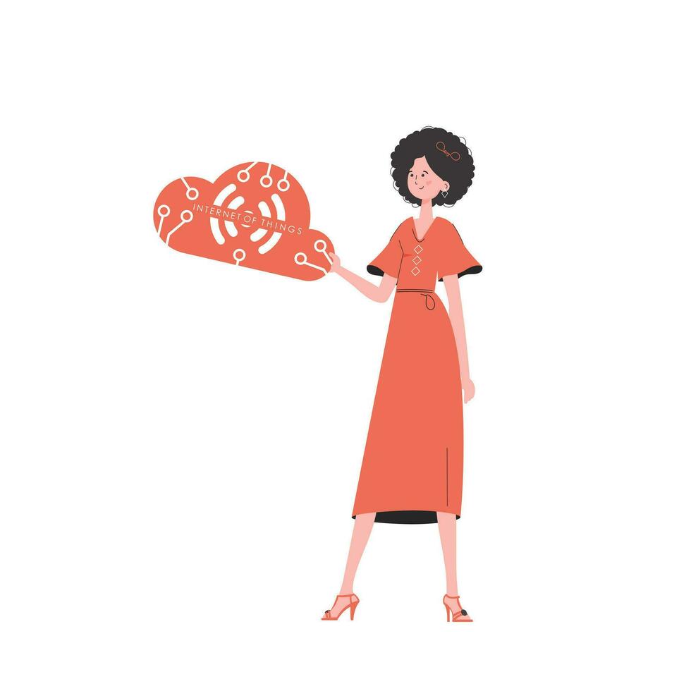 The girl holds the IoT logo in her hands. Internet of things concept. Isolated. Vector illustration in flat style.