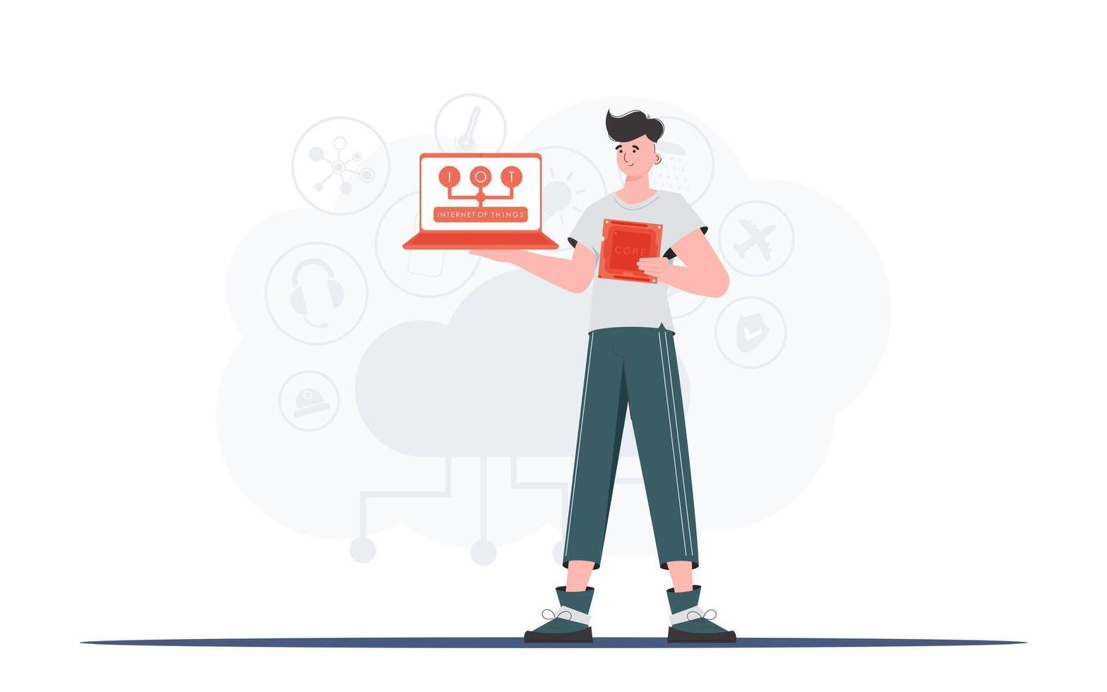 A man holds a laptop and a processor chip in his hands. Internet of things concept. Trendy flat style. Vector illustration.
