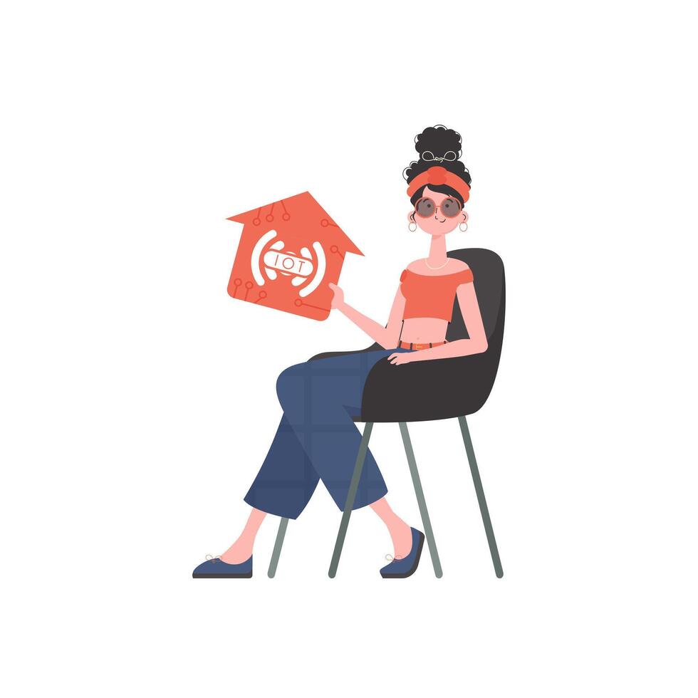 The girl sits in a chair and holds an icon of a house in her hands. IoT concept. Isolated on white background. Vector illustration in trendy flat style.