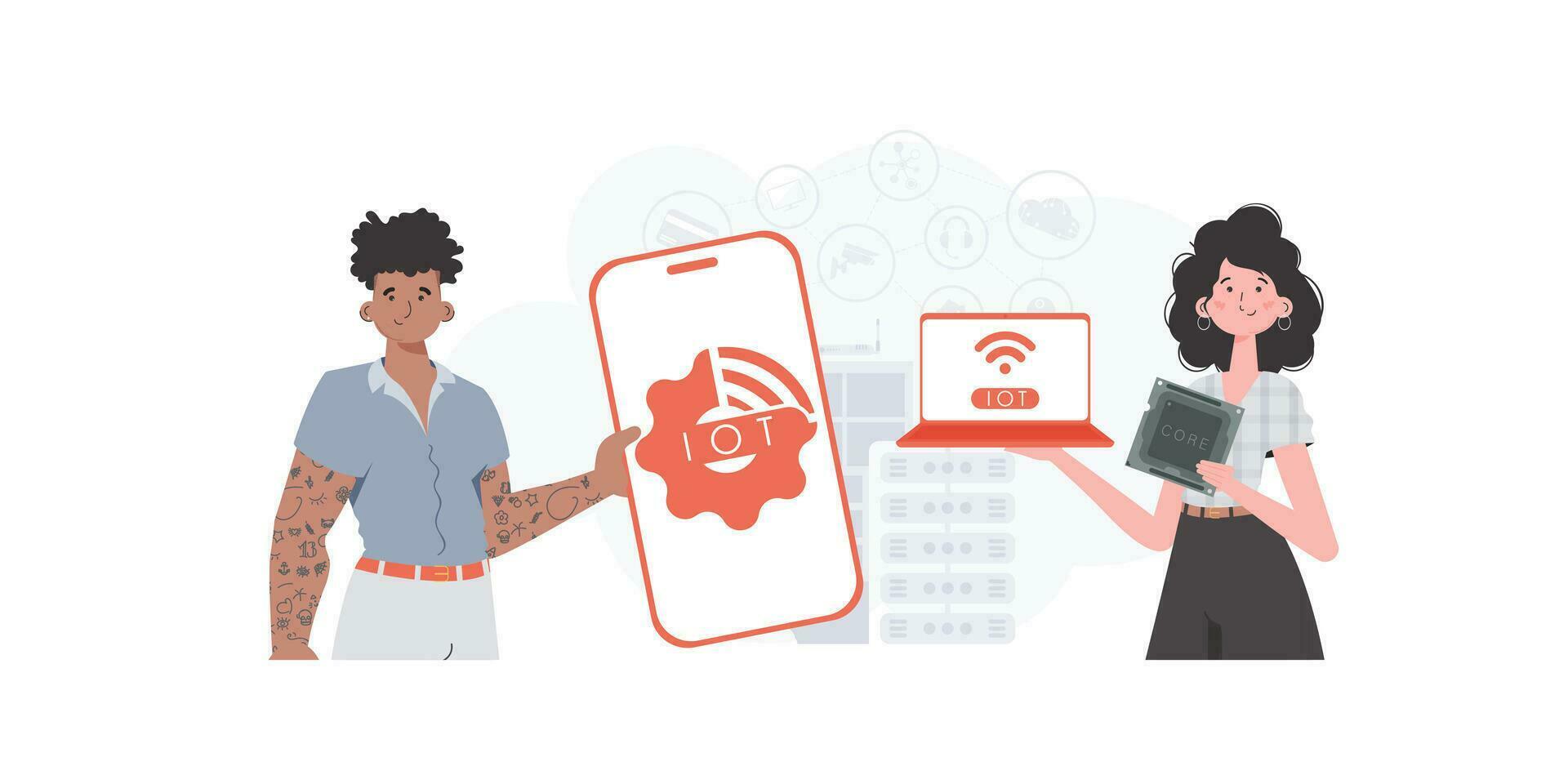 IoT concept. A man and a woman are a team in the field of the Internet of things. Good for presentations and websites. Vector illustration in flat style.