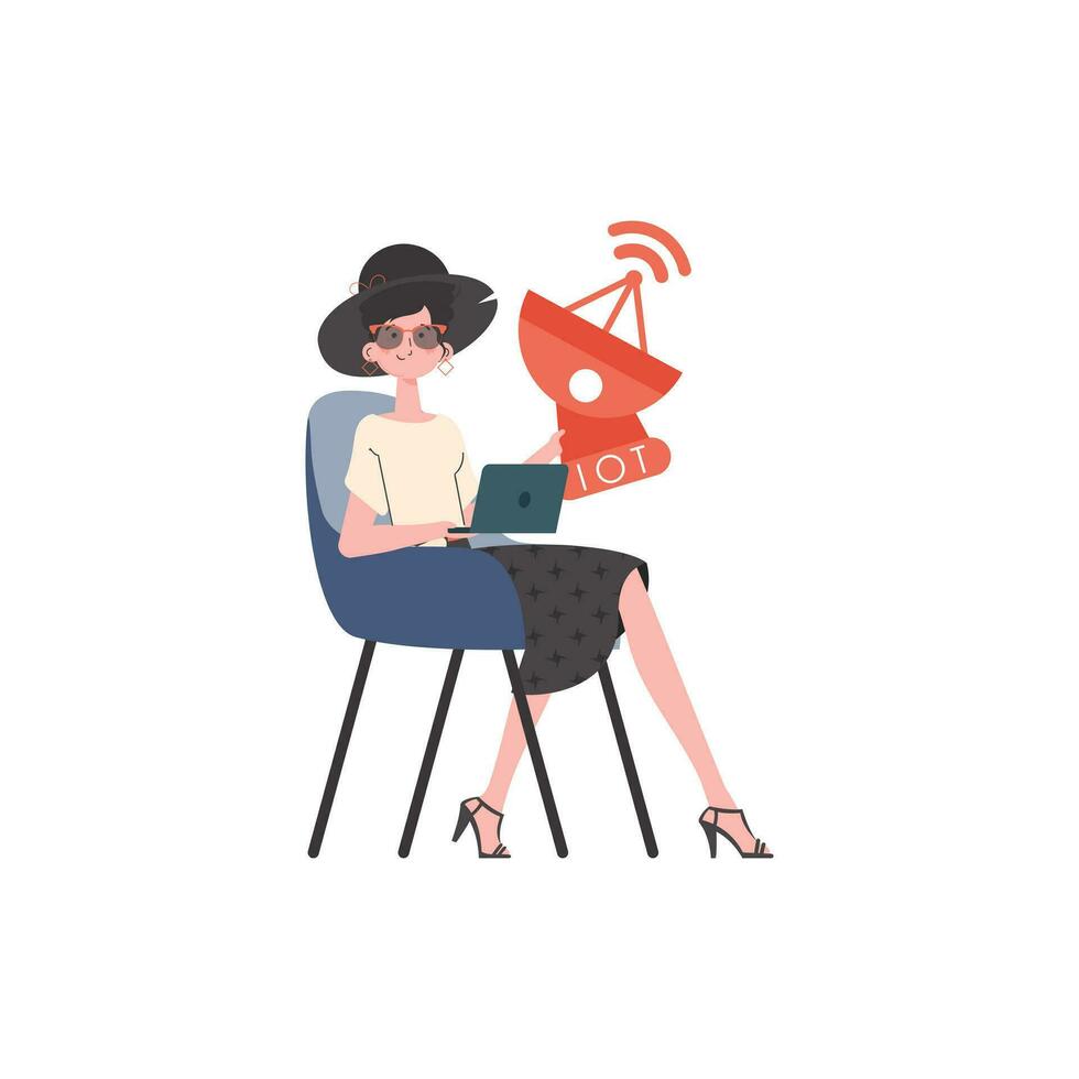 Internet de cosas concepto. un mujer sostiene un satélite plato en su manos. aislado en blanco antecedentes. vector ilustración en plano estilo.